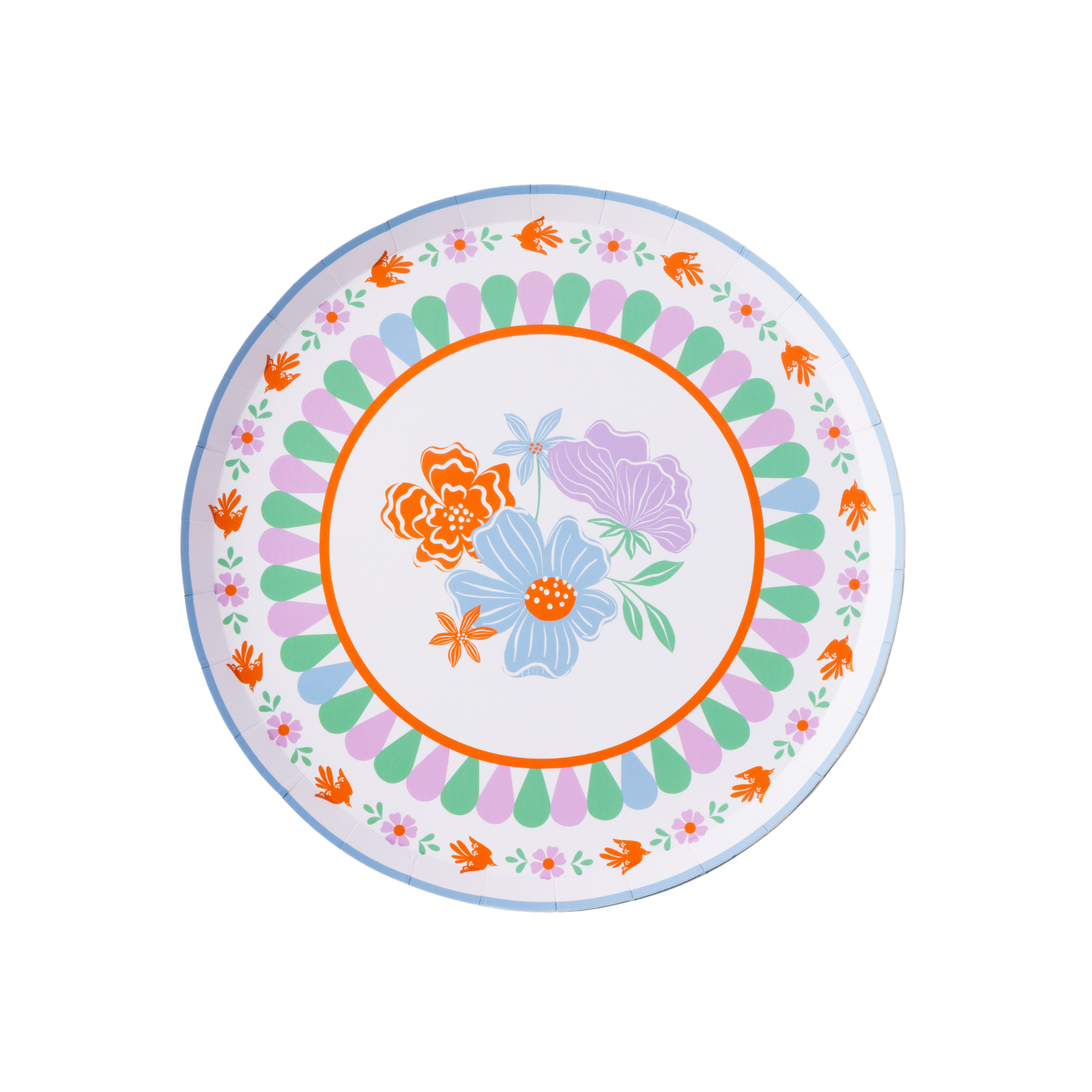 bright fiesta small dessert plate with colorful floral design in orange purple mint and blue
