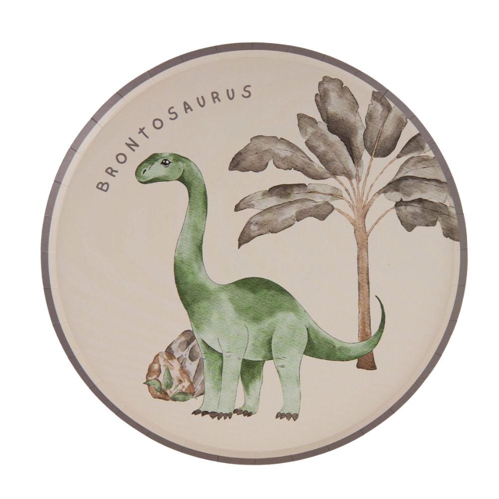 Detailed view of a Brontosaurus paper plate with palm tree