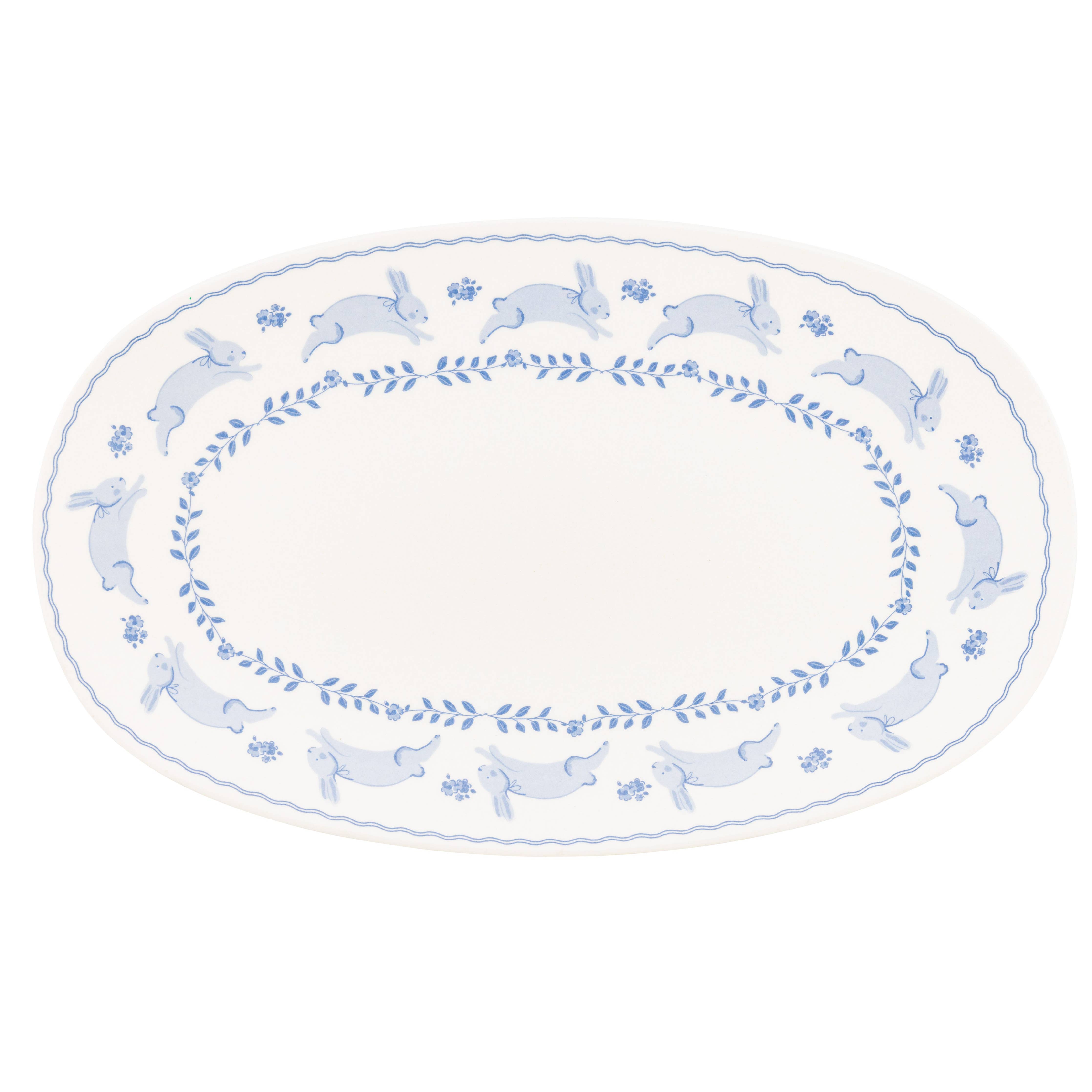 Blue and cream oval bunny bamboo tray with blue border on white background.