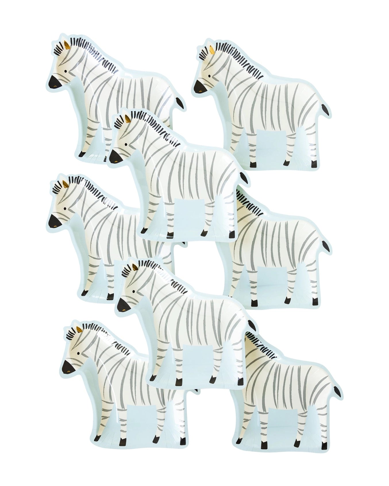 Stack of eight fun zebra-shaped paper plates with cheerful black-and-white striped details, ready for a lively children's safari-themed event.
