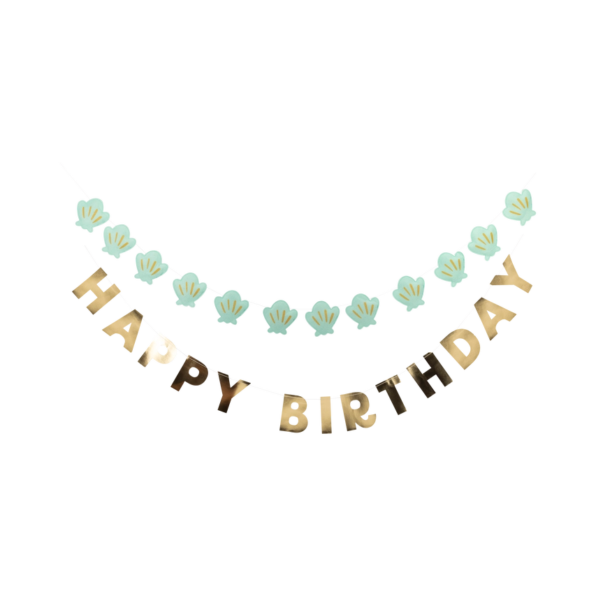 Isolated product shot of aqua seashell garland layered above gold foil “Happy Birthday” letters.