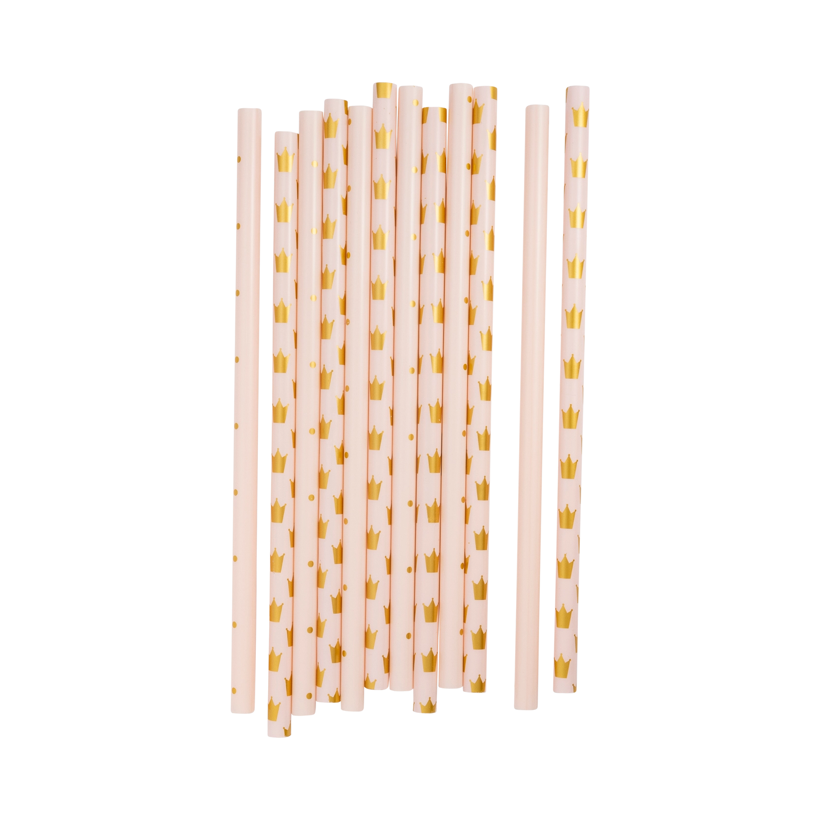 Flat lay of twelve blush reusable plastic straws with alternating gold crown and dot prints.
