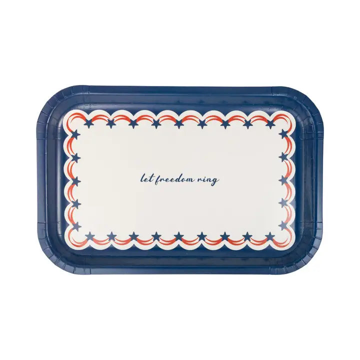 Single rectangular paper plate showcasing a star-and-scallop design with the phrase "let freedom ring."