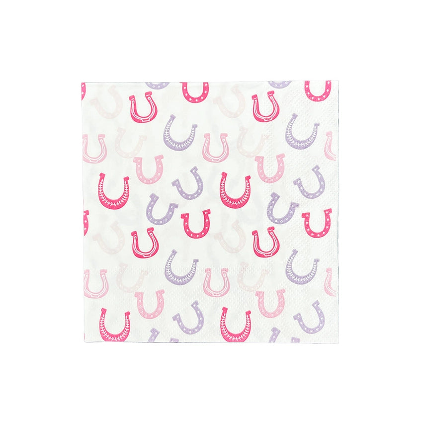 Single square napkin showing repeating pattern of pink, lavender, and blush horseshoes on a white background.