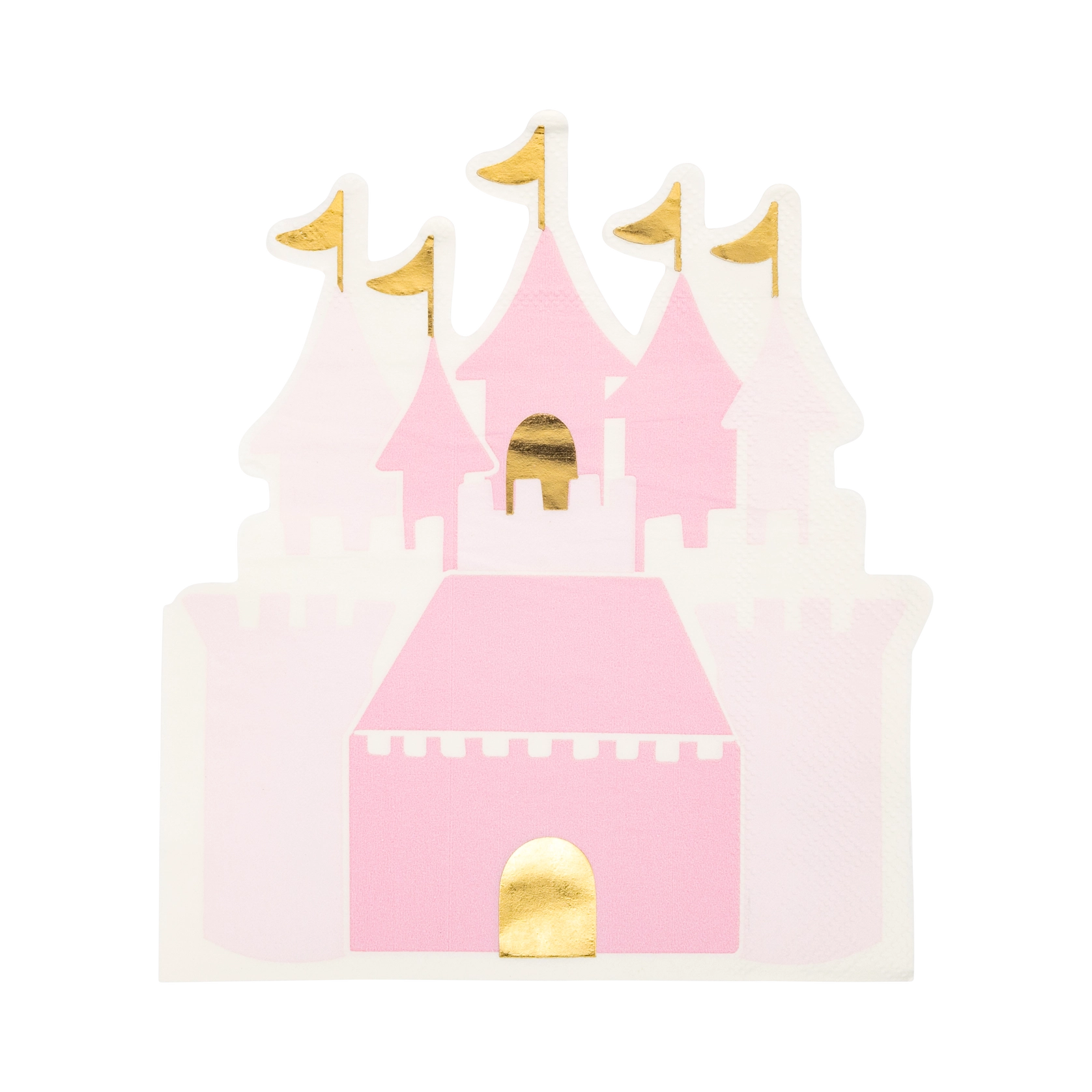 Close-up of castle-shaped princess napkin—textured 3-ply paper with metallic gold foil on flags and arched doorway.