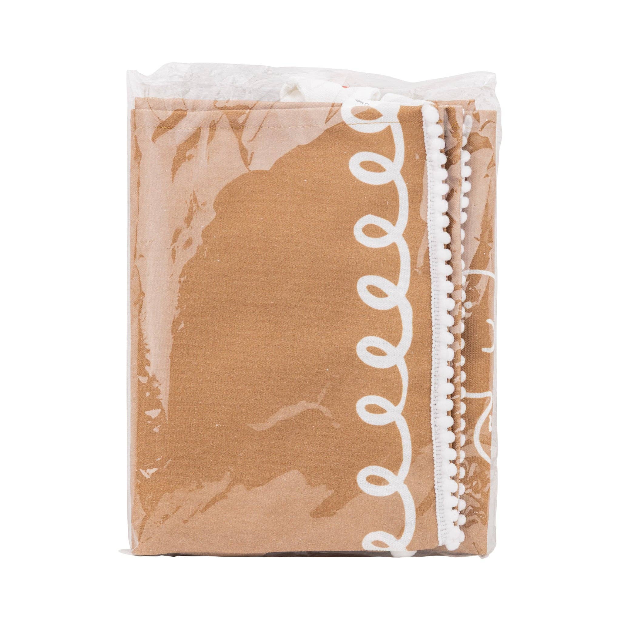 Side view of the Gingerbread Apron – Youth folded in packaging, featuring visible white trim and pom-pom detailing.