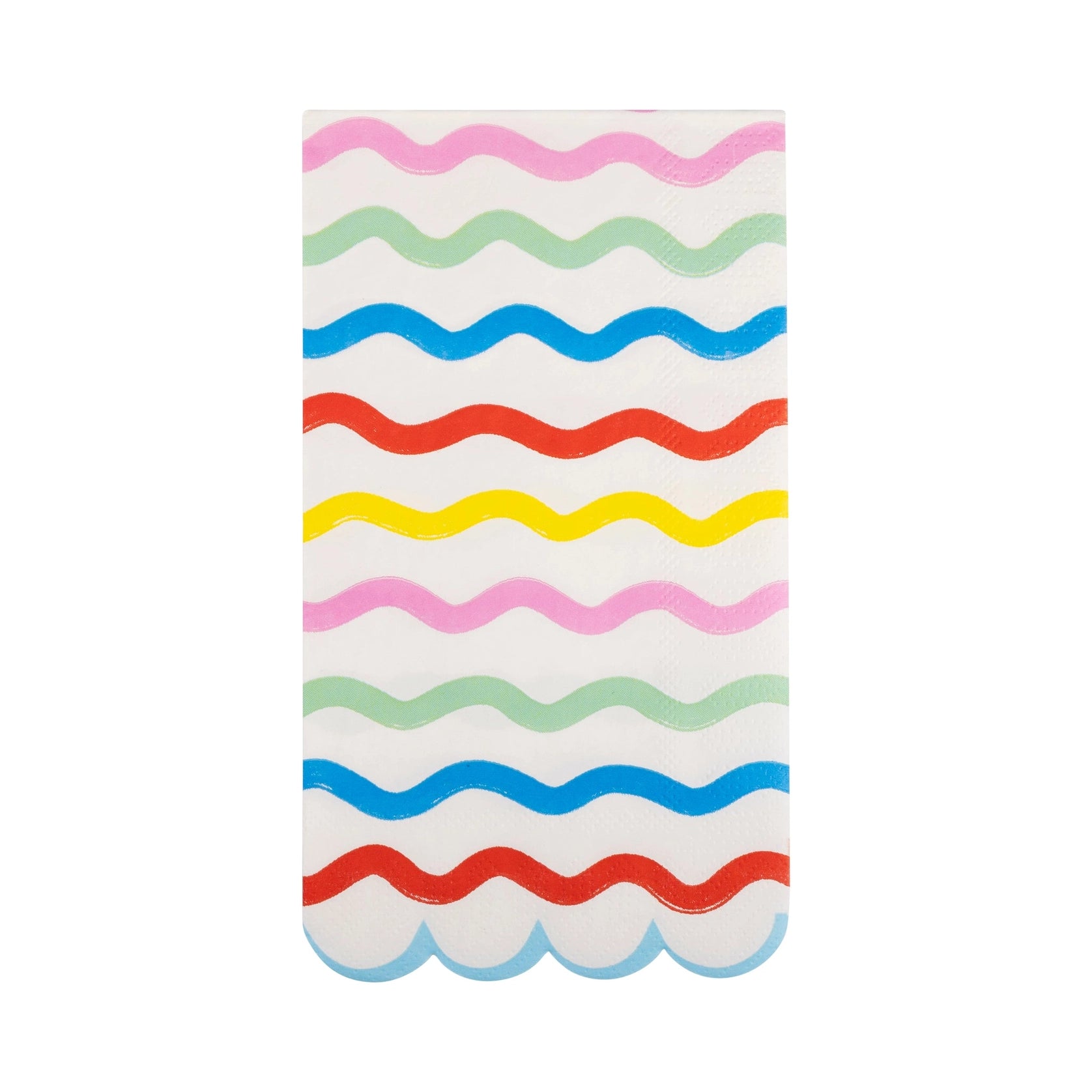Single unfolded rainbow guest napkin on white background, displaying eight wavy stripes in alternating pastel and primary colors with scalloped bottom edge.