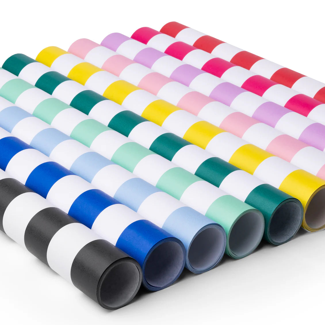 Angled side view of assorted cabana stripe paper table runner rolls stacked by color, including sky blue.