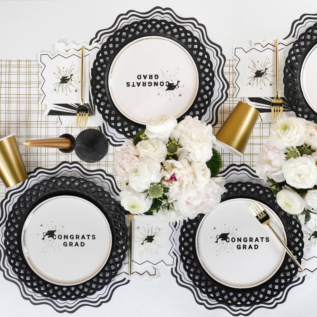 A full Alumni Launch Party table setting featuring Heritage Graduation Style plates and scalloped napkins.