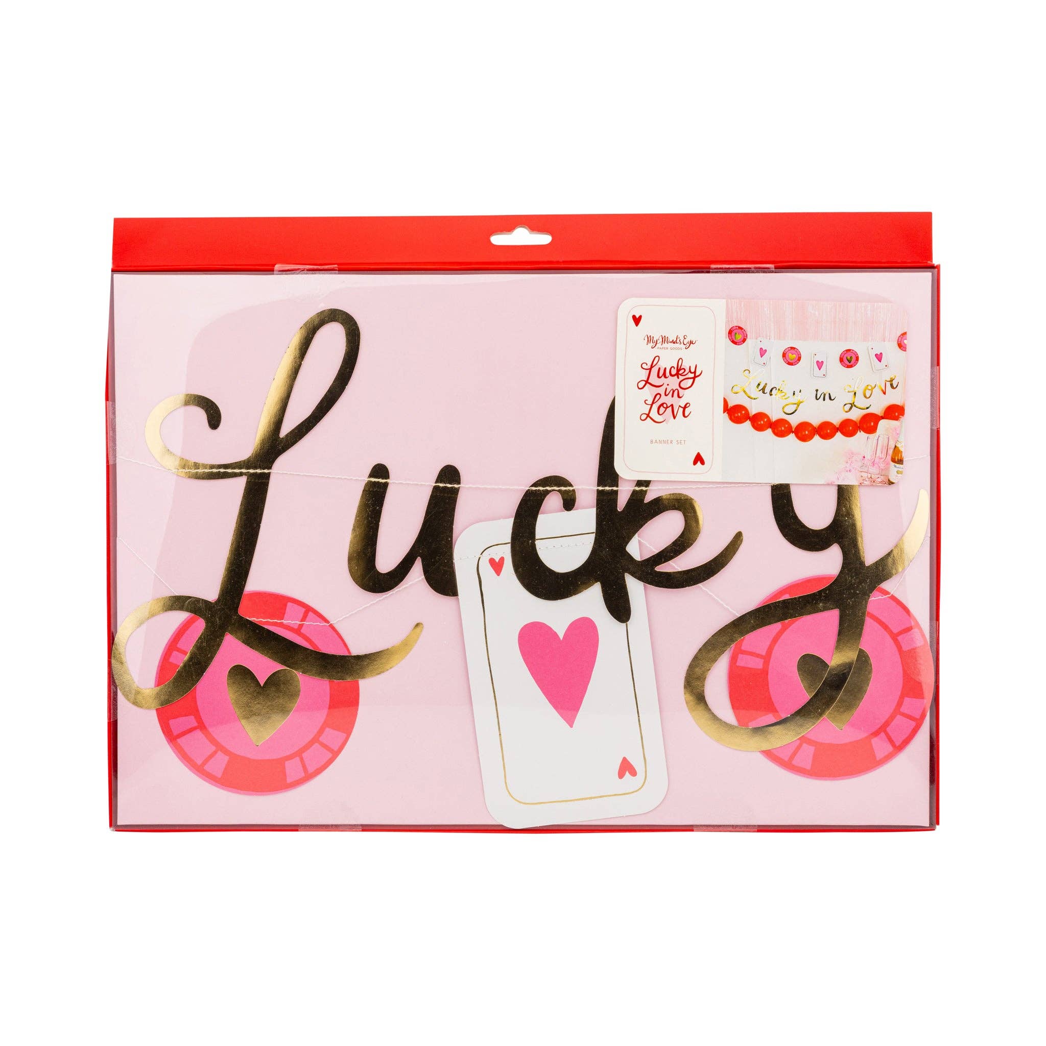 close-up of a gold foil "Lucky" banner piece for a Casino Theme Bachelorette.