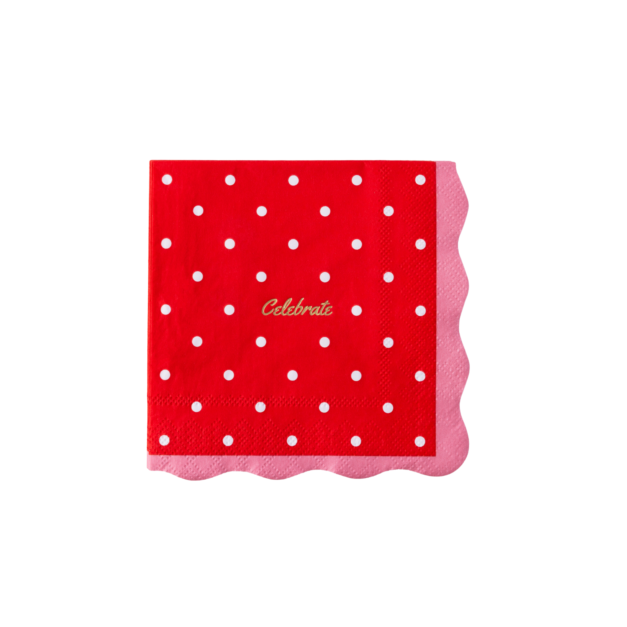 Single red polka dot celebrate paper cocktail napkin flat lay showing white dots, gold foil celebrate script, and pink scalloped edge on white background