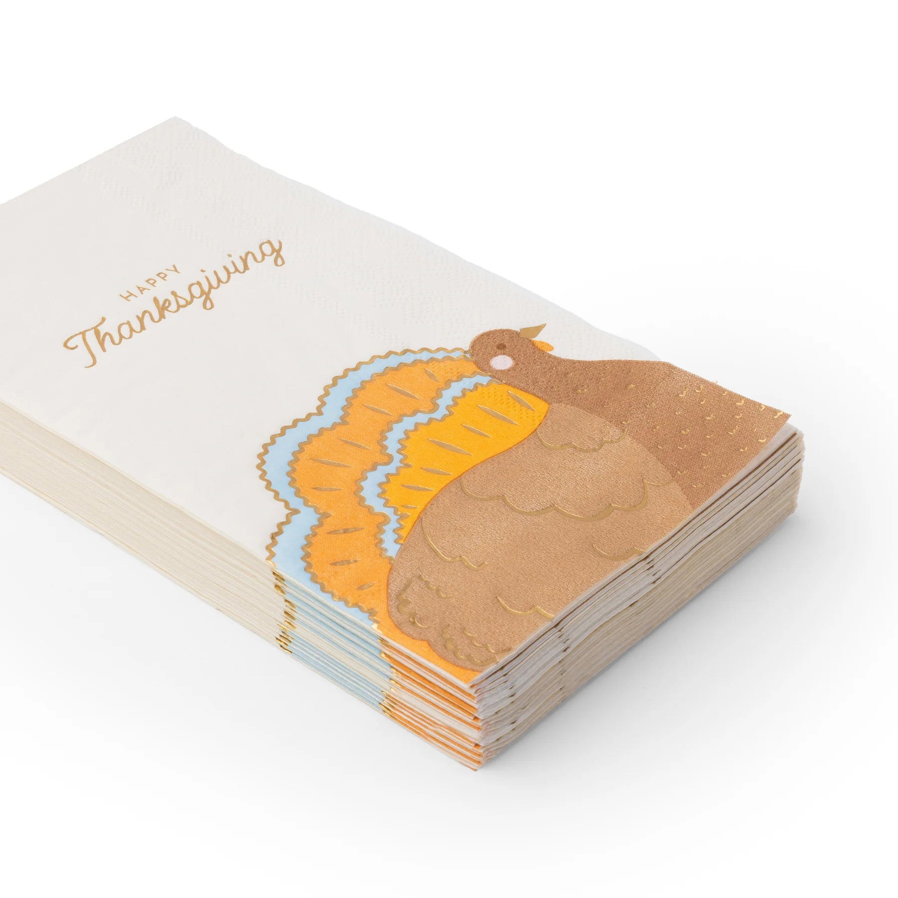 Angle view of a stacked pack of turkey guest towels showing gold details on the tail.