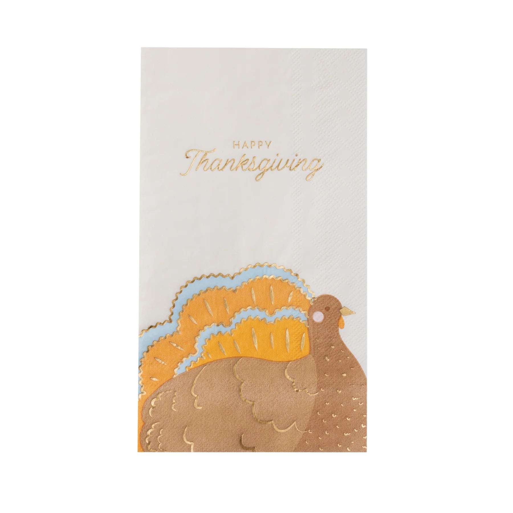 Single white guest towel with gold “Happy Thanksgiving” and turkey illustration, front view.
