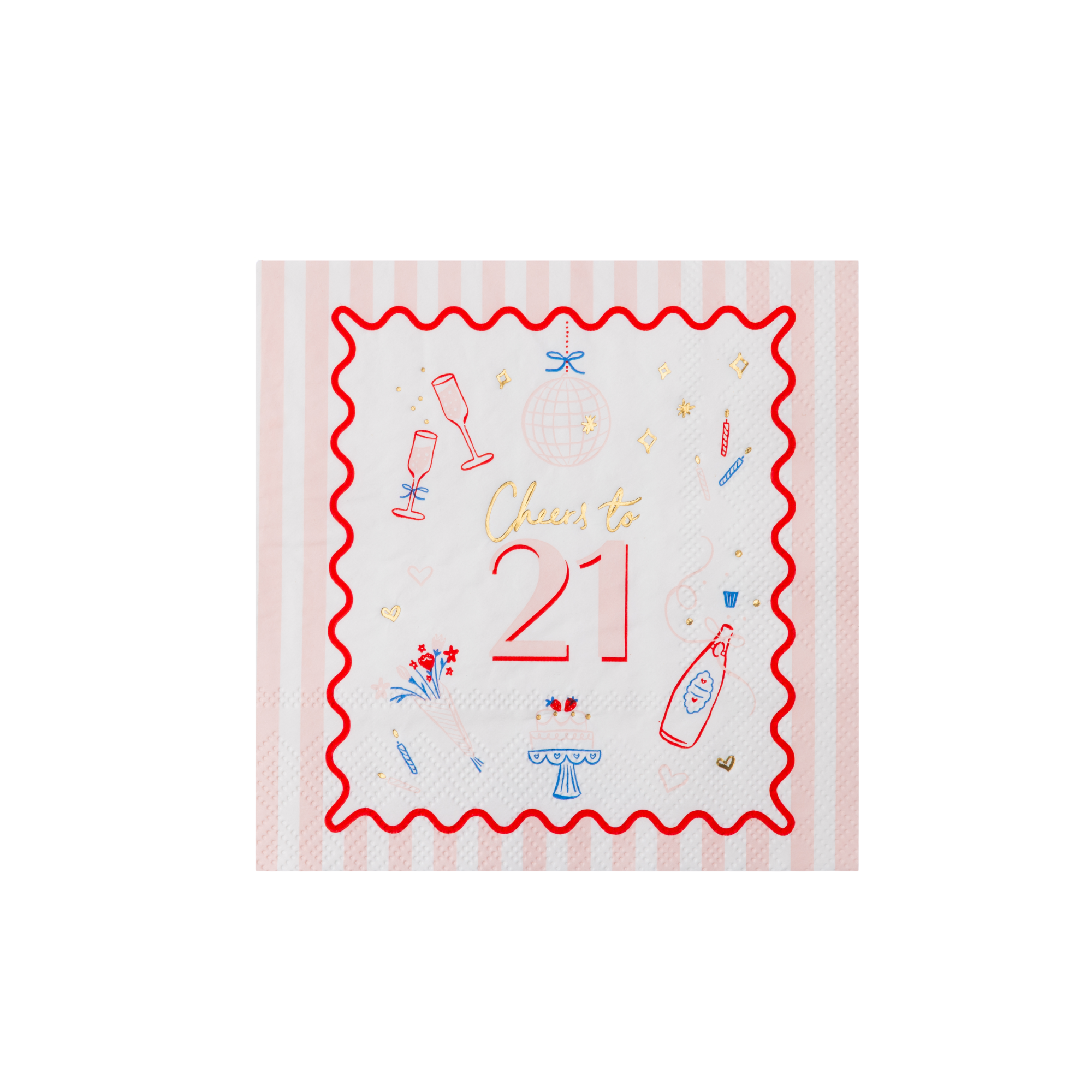 Single pink striped cocktail napkin with Cheers to 21 gold script and champagne disco ball birthday cake icons with red wavy border on white background