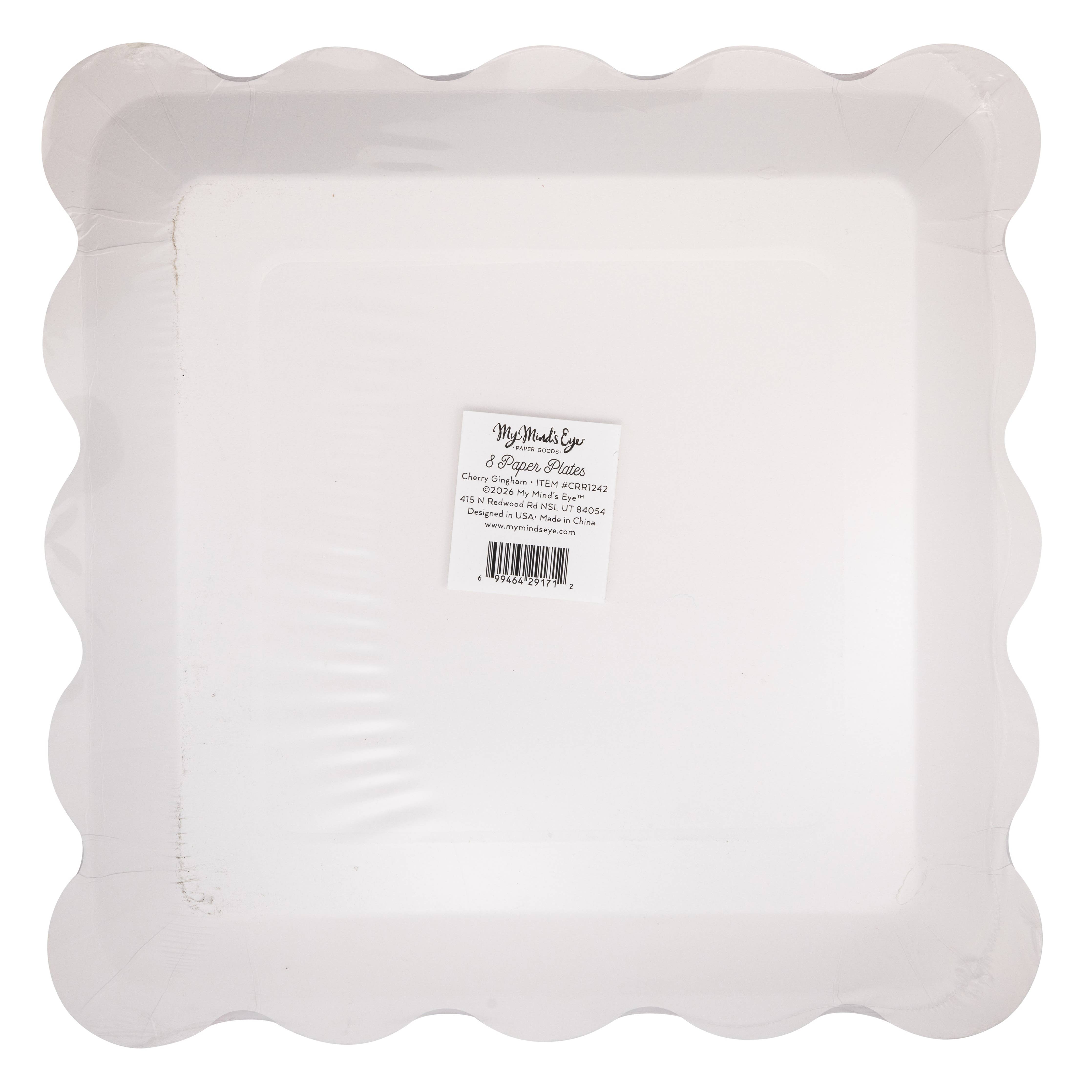 Back of cherry gingham plate packaging showing product label.