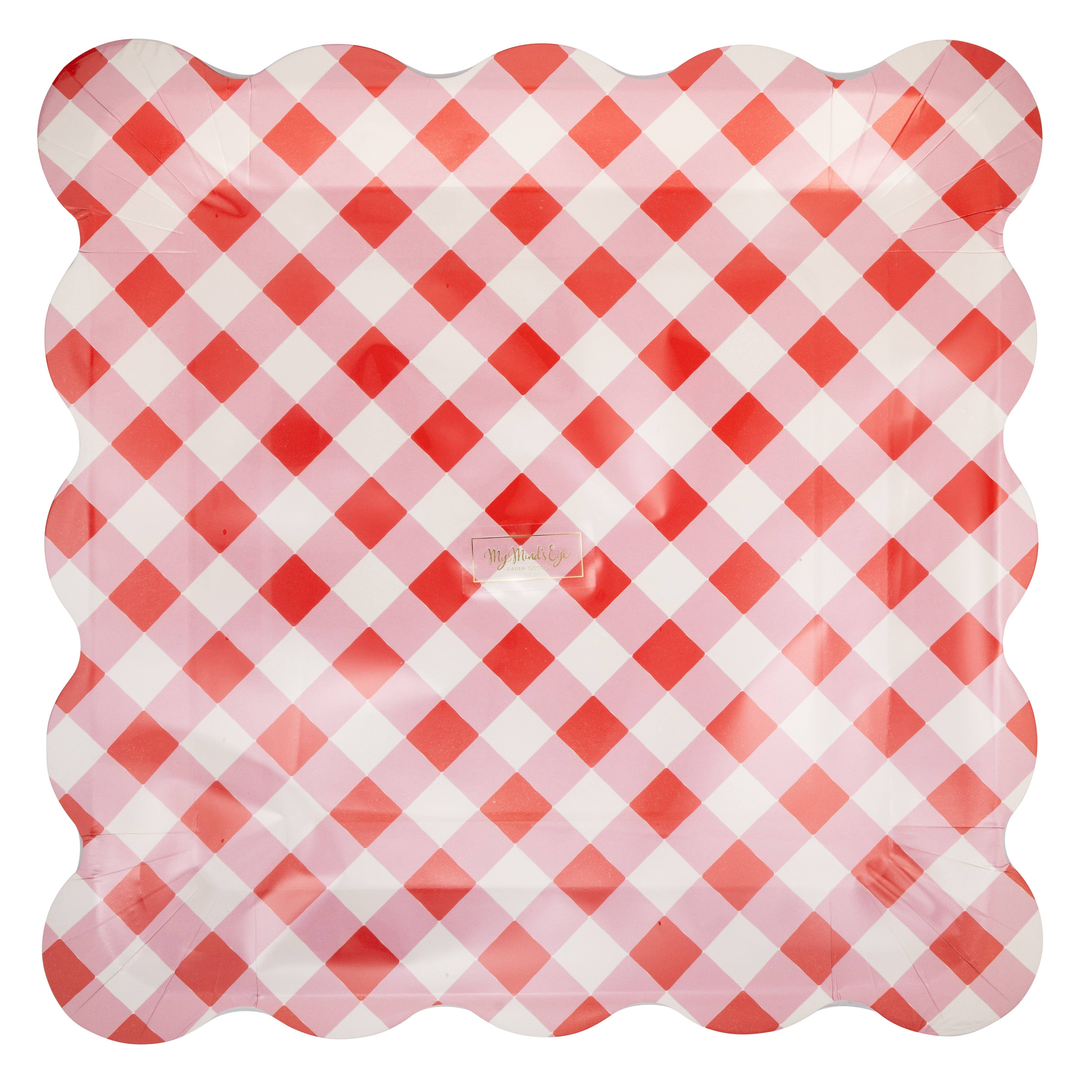 Packaged cherry gingham party plates wrapped in plastic.
