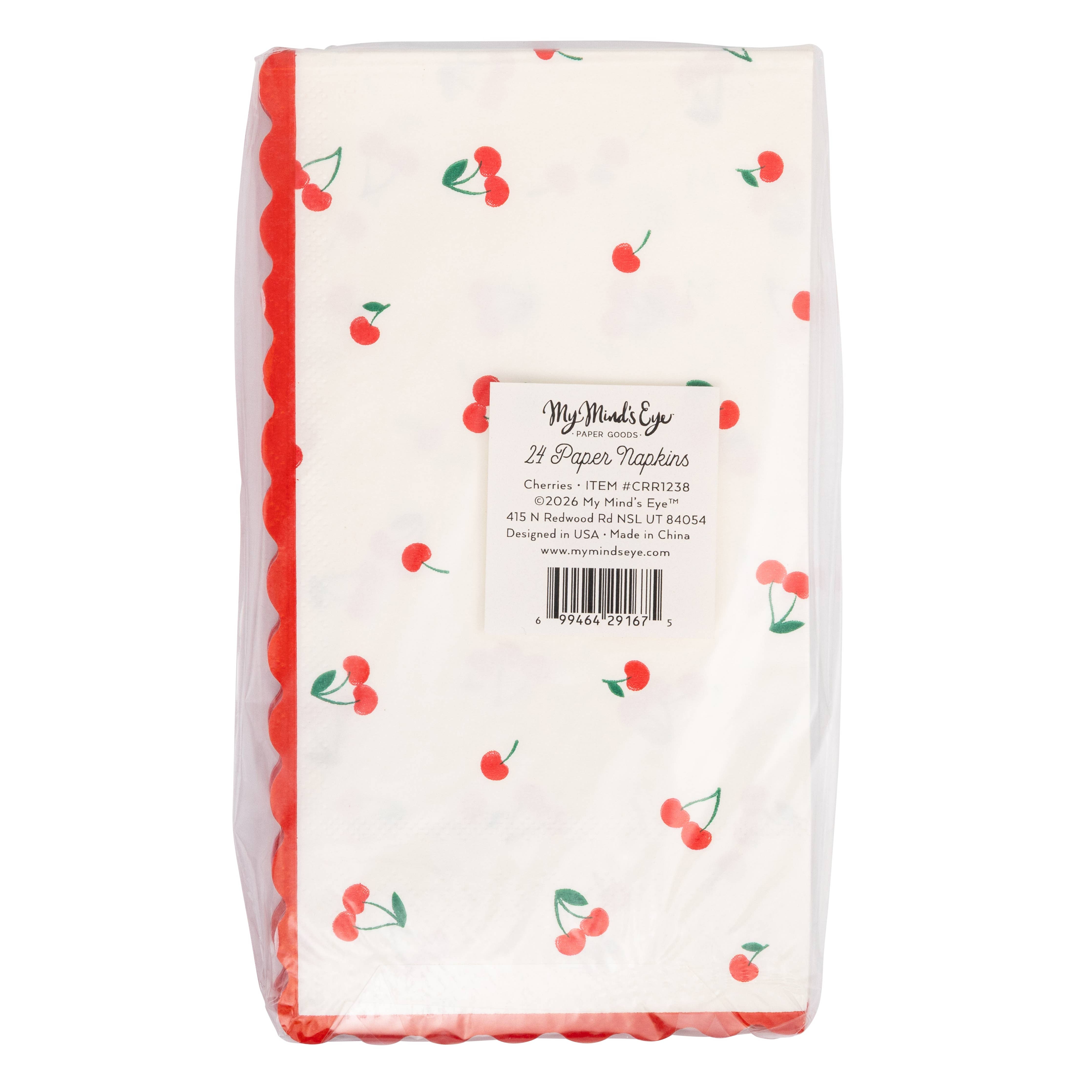 Back of packaged cherry napkins showing product label and barcode.