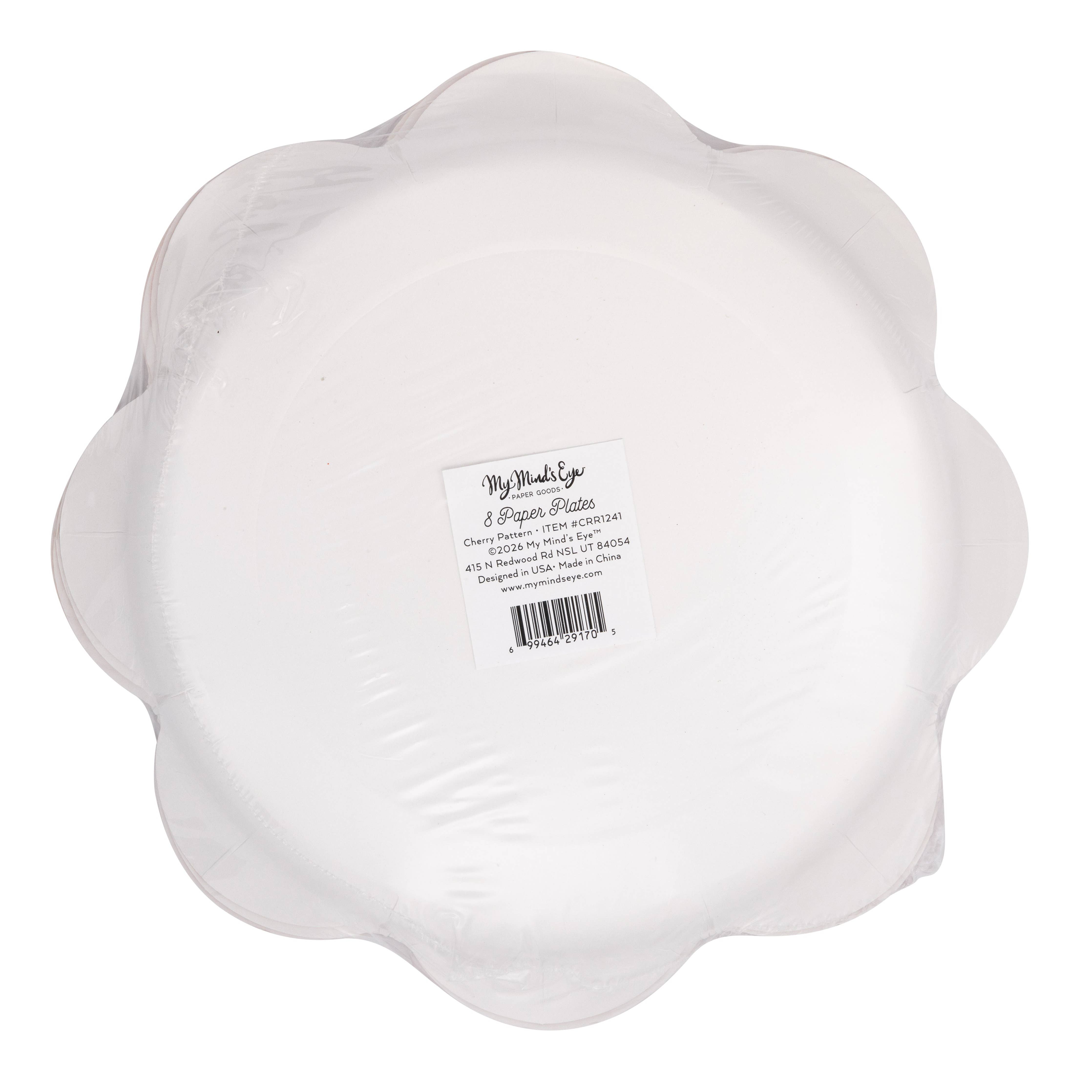 Back of cherry pattern plates packaging with product label.