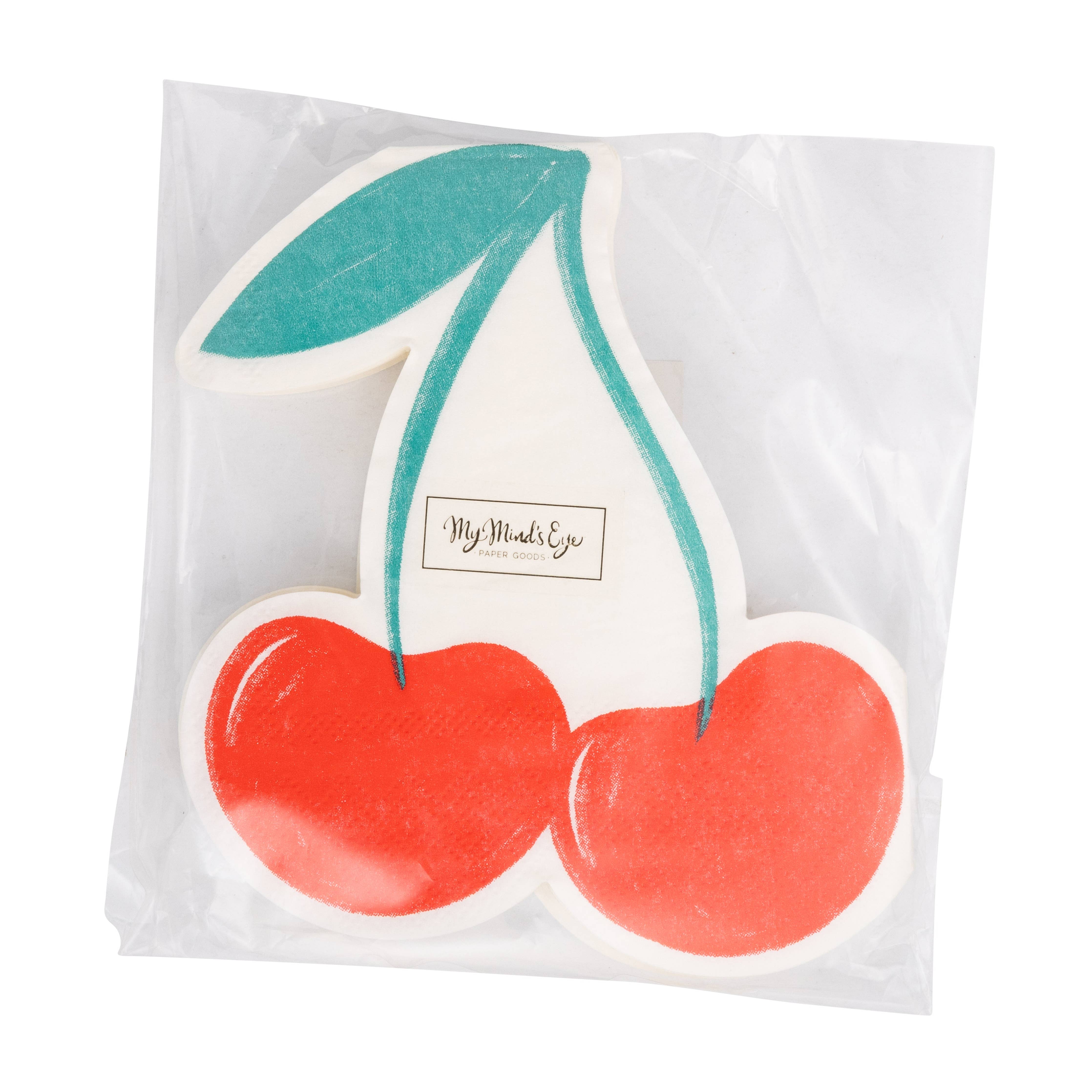 Packaged cherry shaped napkins with My Mind’s Eye label visible.
