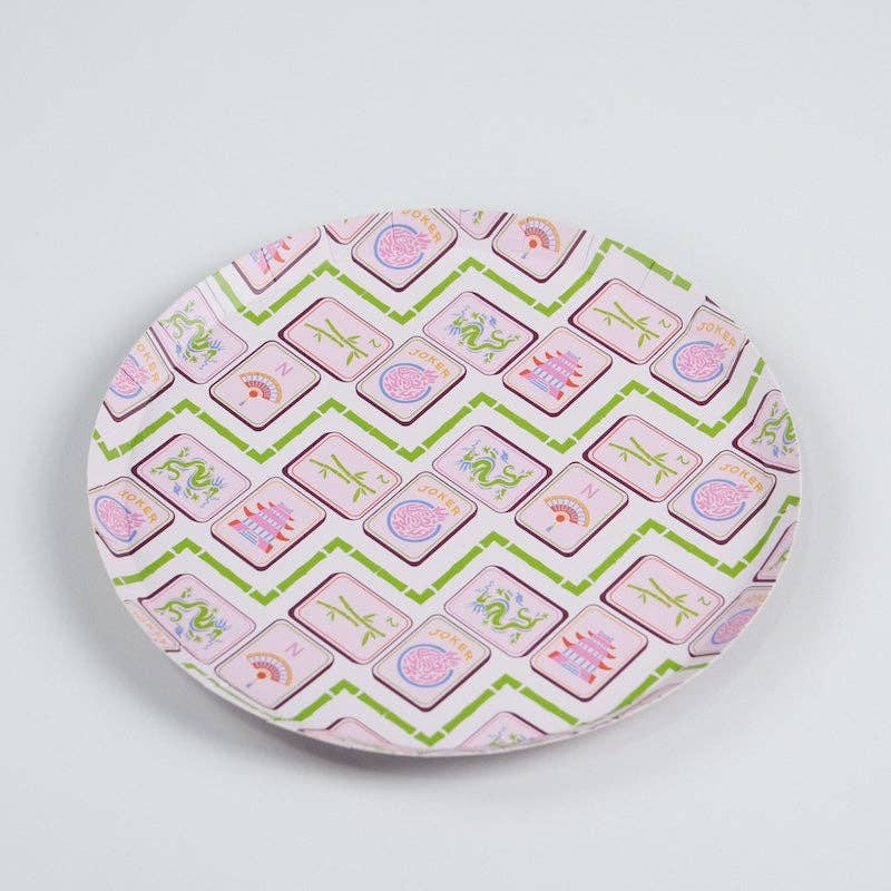 Mahjong Dessert Plates styled on a table with flowers for a Ladies Luncheon theme.