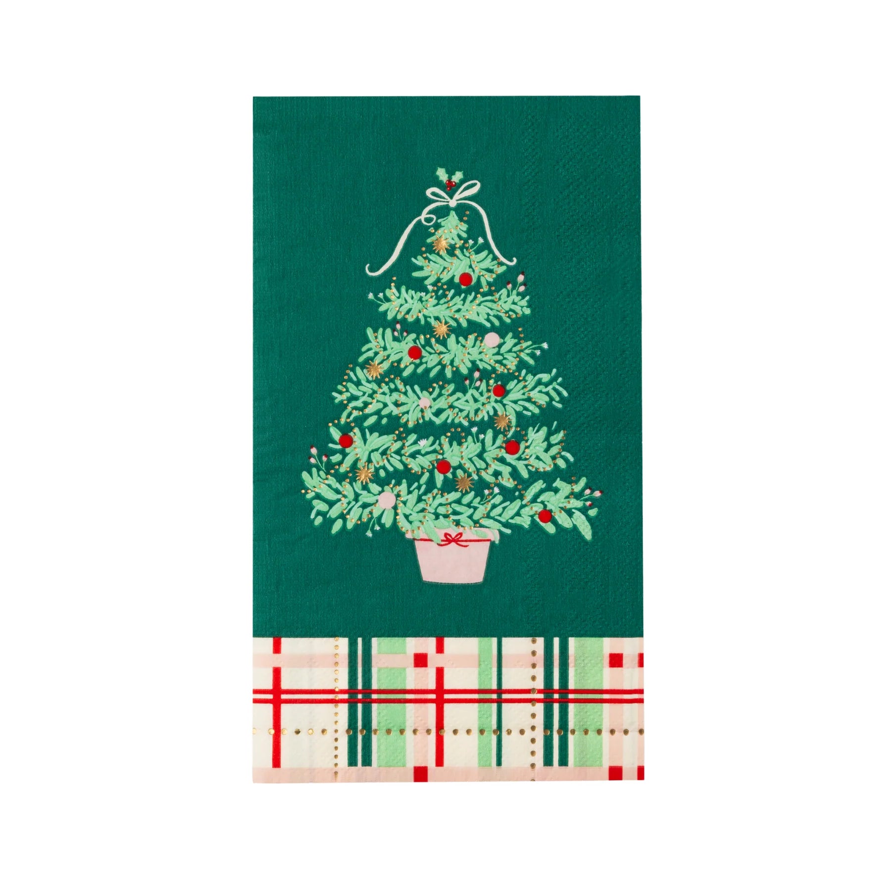 Single guest towel-size napkin with Christmas tree motif and plaid trim—festive Christmas tree napkin design.