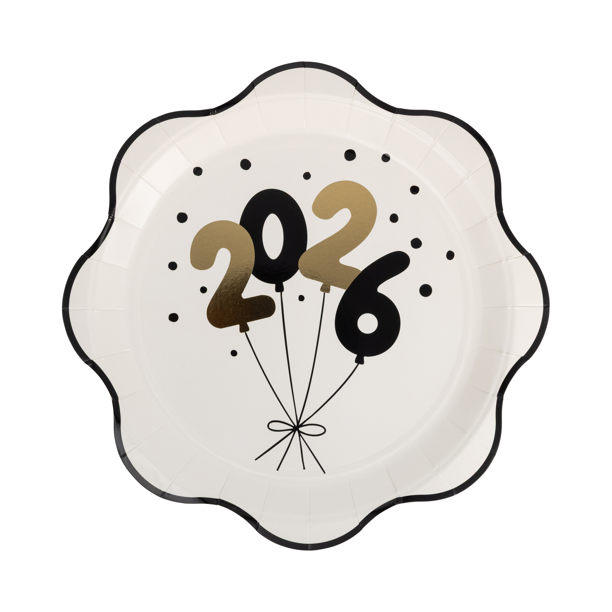 Class of 2026 scalloped paper plate in white with black and gold foil balloon number design, confetti dots, and black scalloped rim on white background