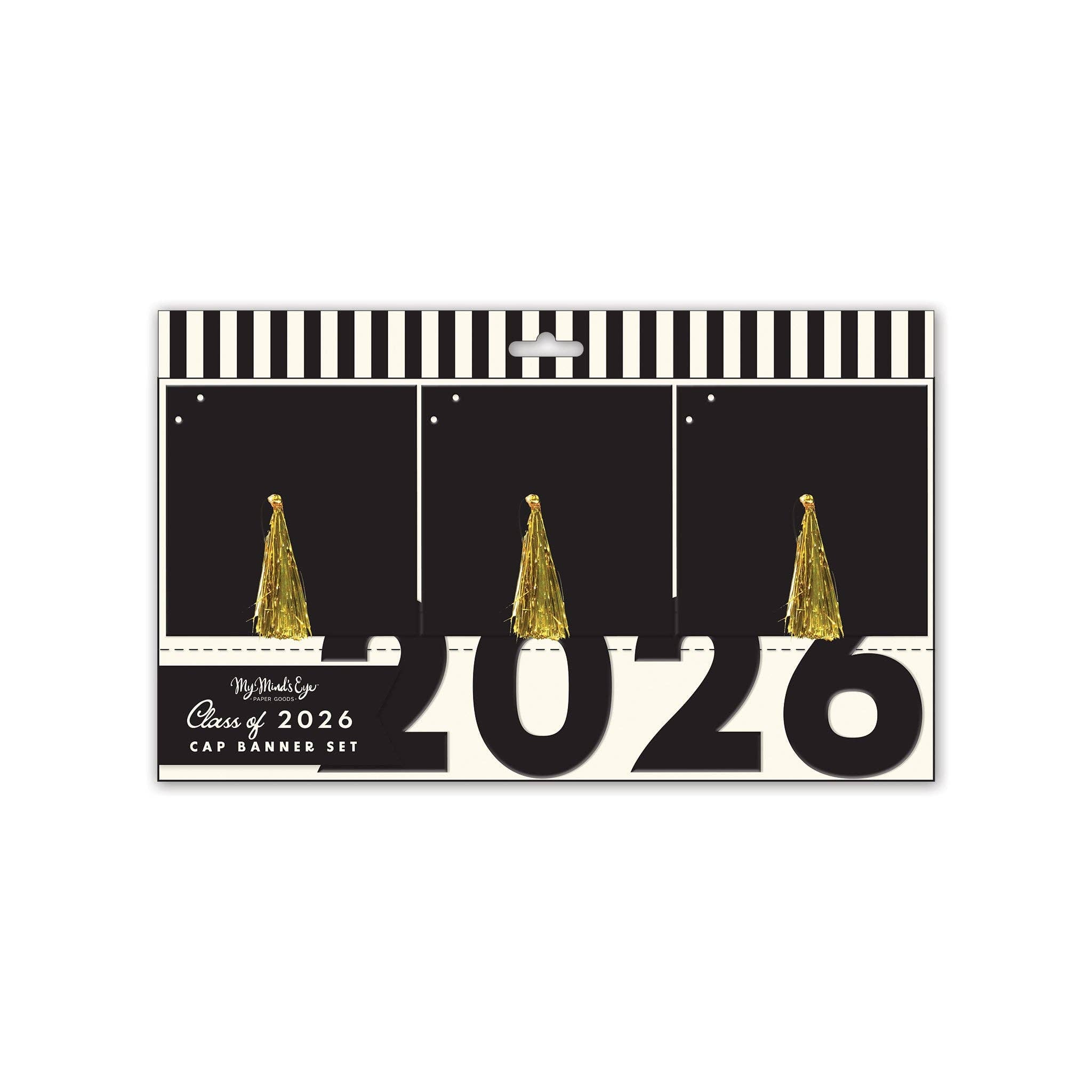 Packaging for a 2-piece Class of 2026 graduation banner set featuring black graduation caps with gold foil tassels.