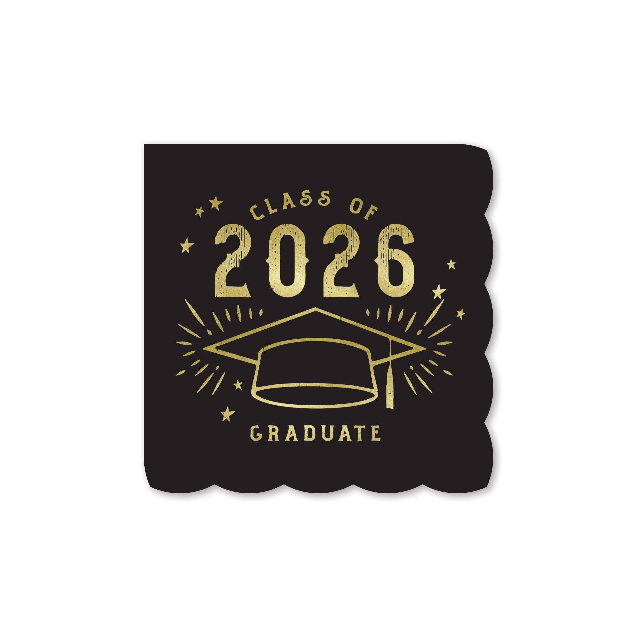 A matte black paper cocktail napkin with a scalloped silhouette featuring a gold foil 2026 graduate design.
