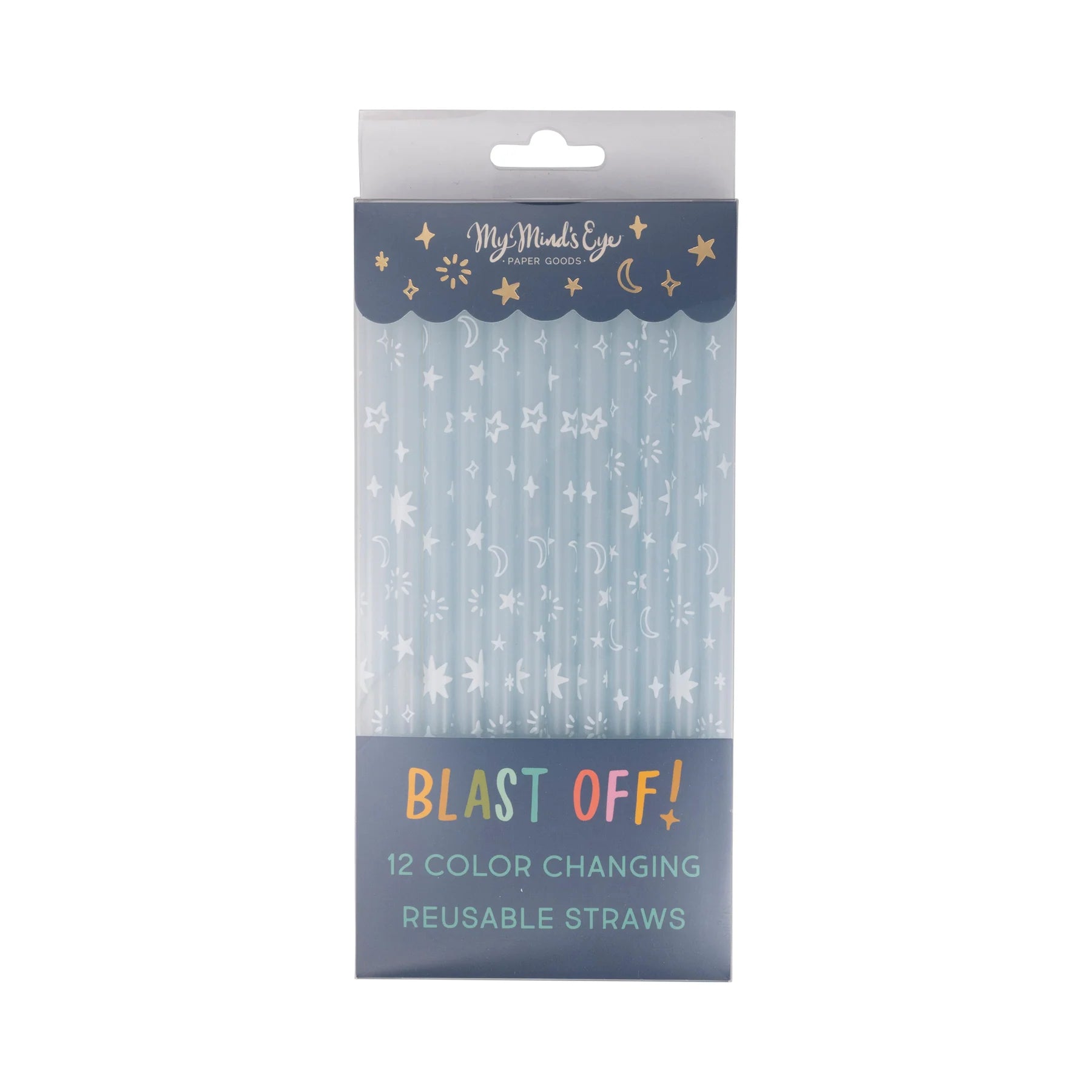 Packaging of color-changing reusable straws with star and moon designs on a white background.