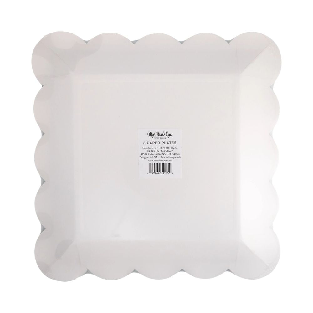 Back of colorful grid plate with packaging label.