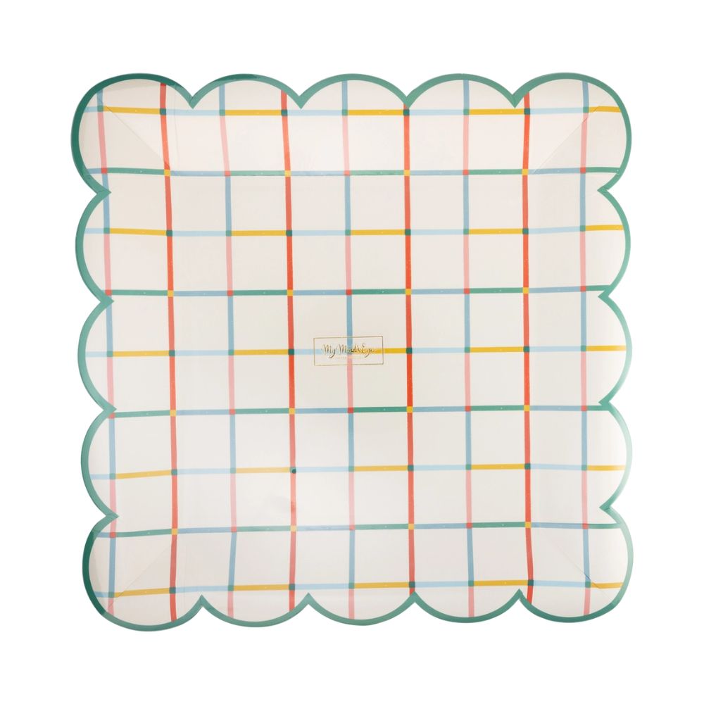 Front of colorful grid plate with packaging label.