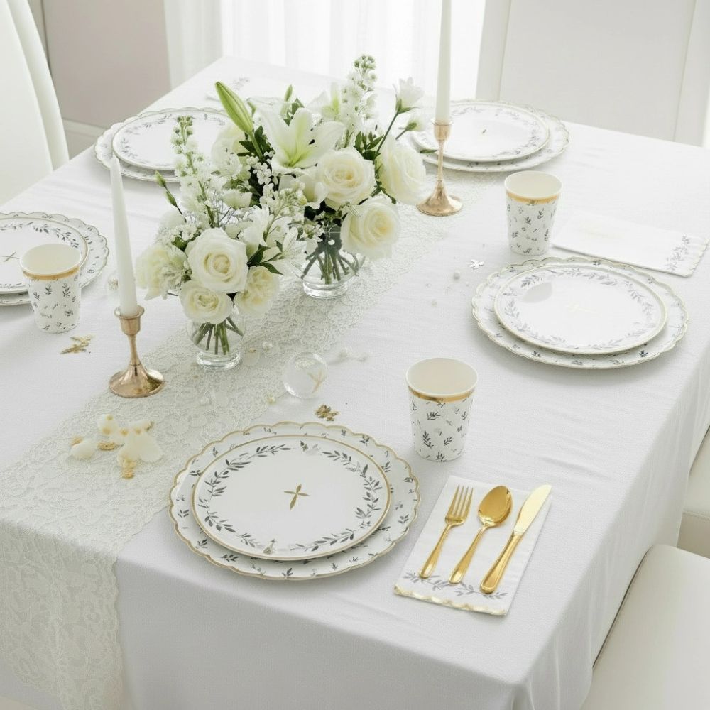 eucalyptus communion table with plates cups and greenery
