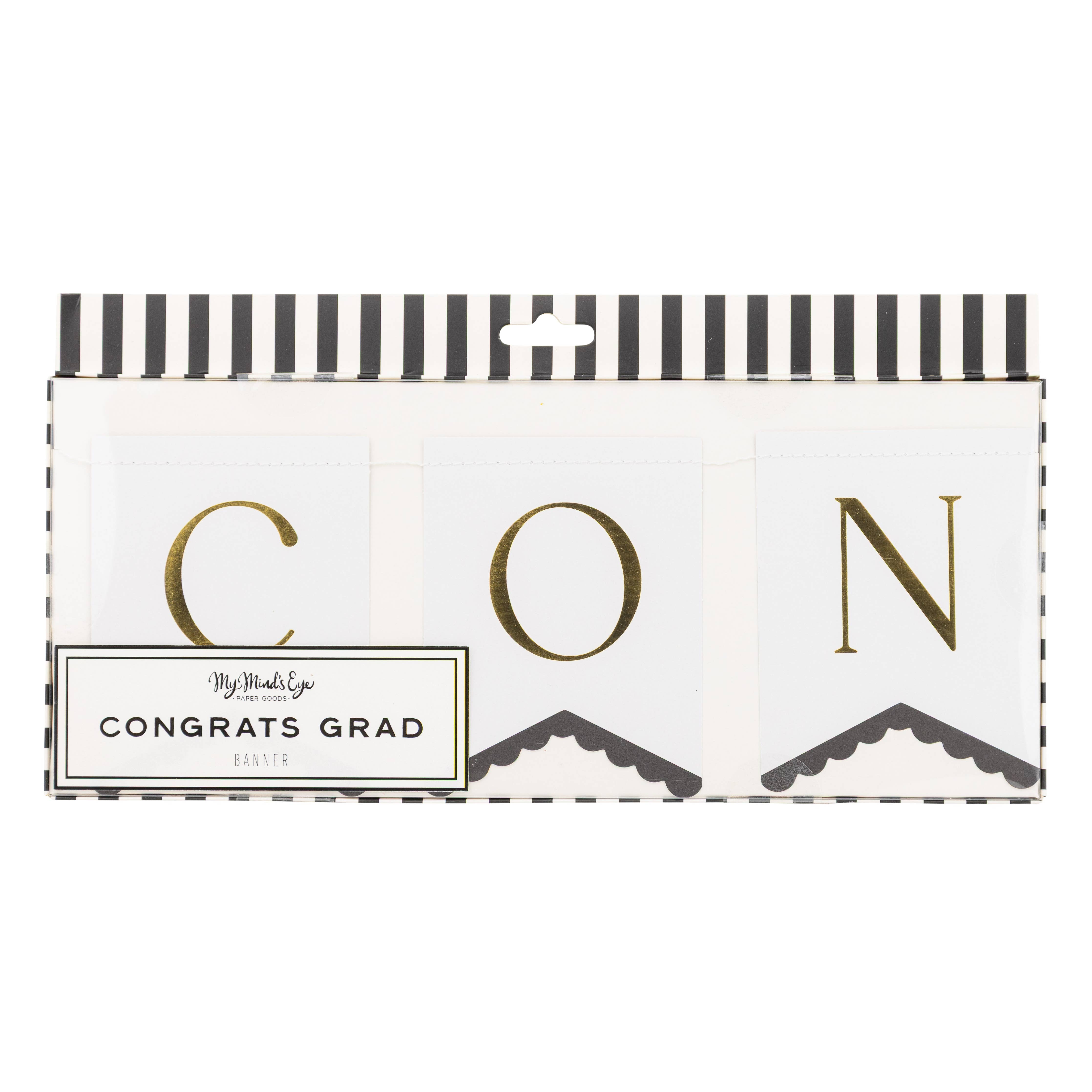 Congrats Grad graduation banner with gold lettering and scalloped white pennants in packaging