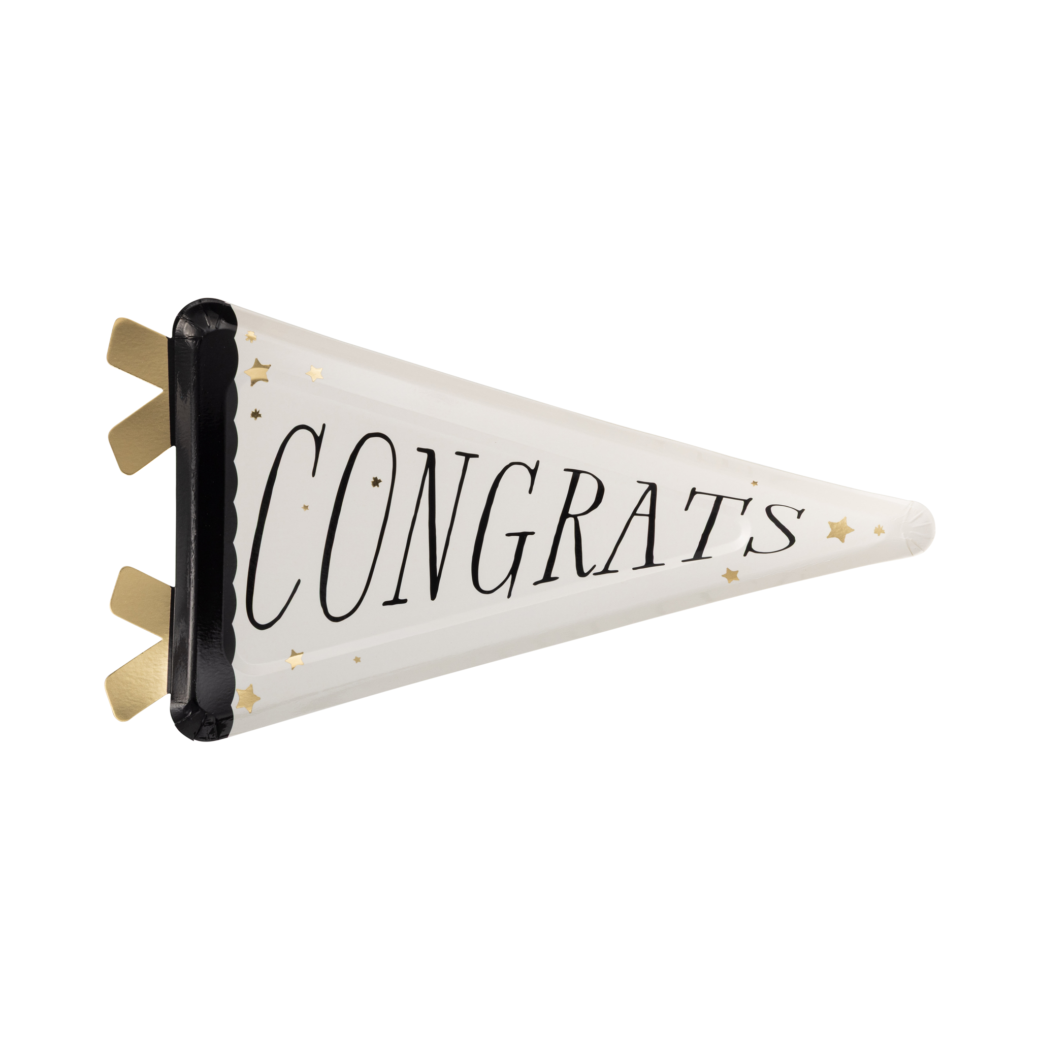 Congrats pennant shaped paper plate in warm cream with black varsity lettering, gold foil stars, gold foil ribbon tails, and black scalloped edge on white background
