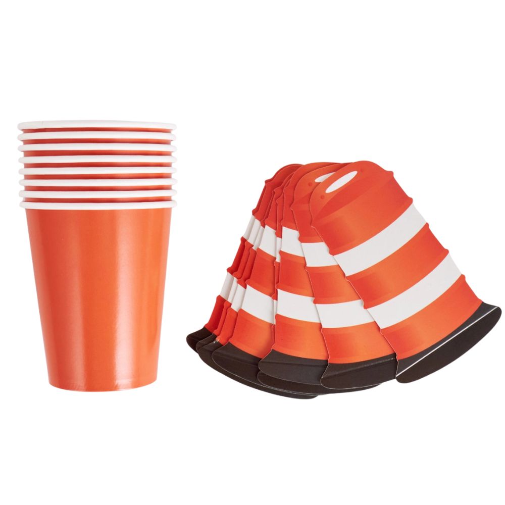 stack of orange paper cups with barricade cutouts