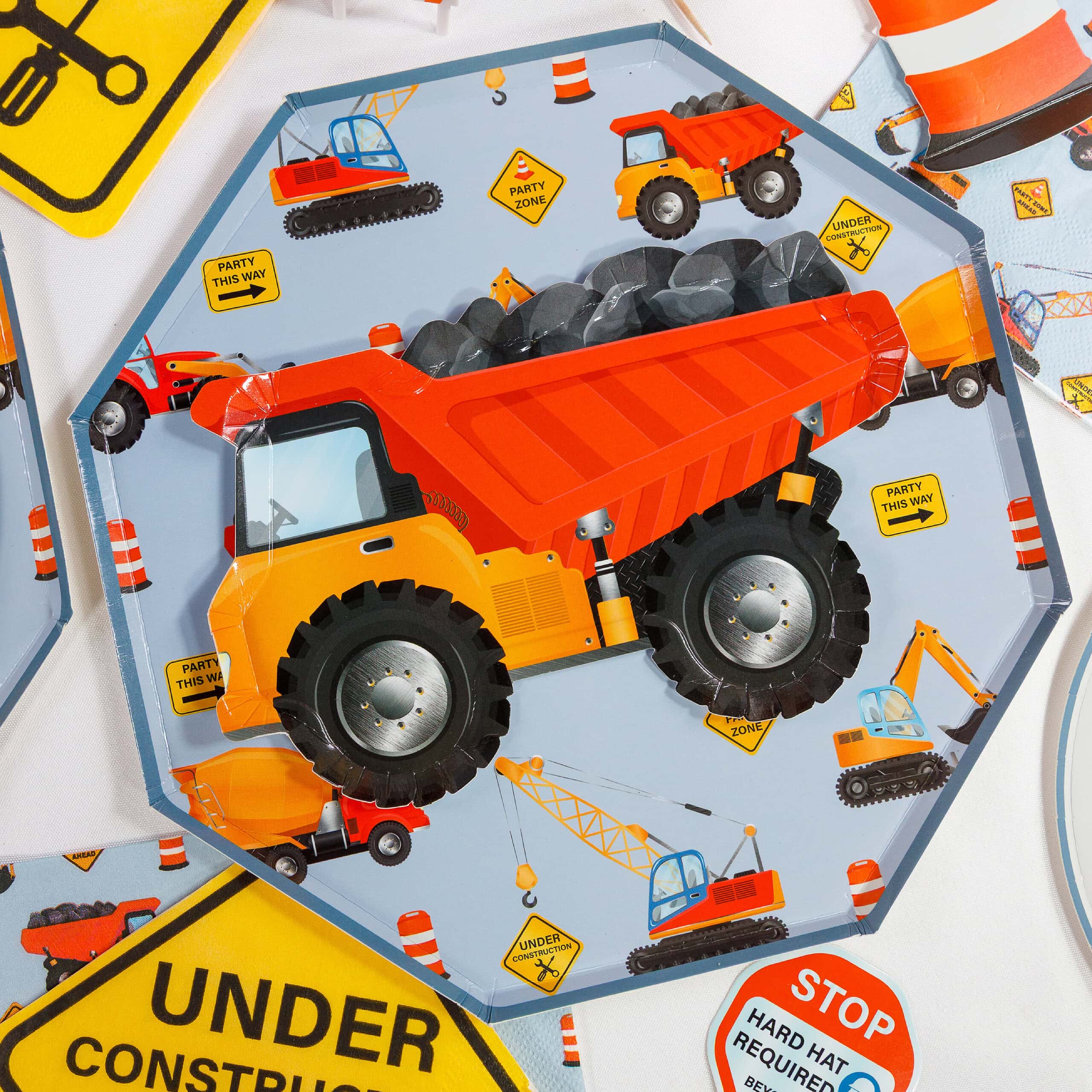 construction themed table with truck plates