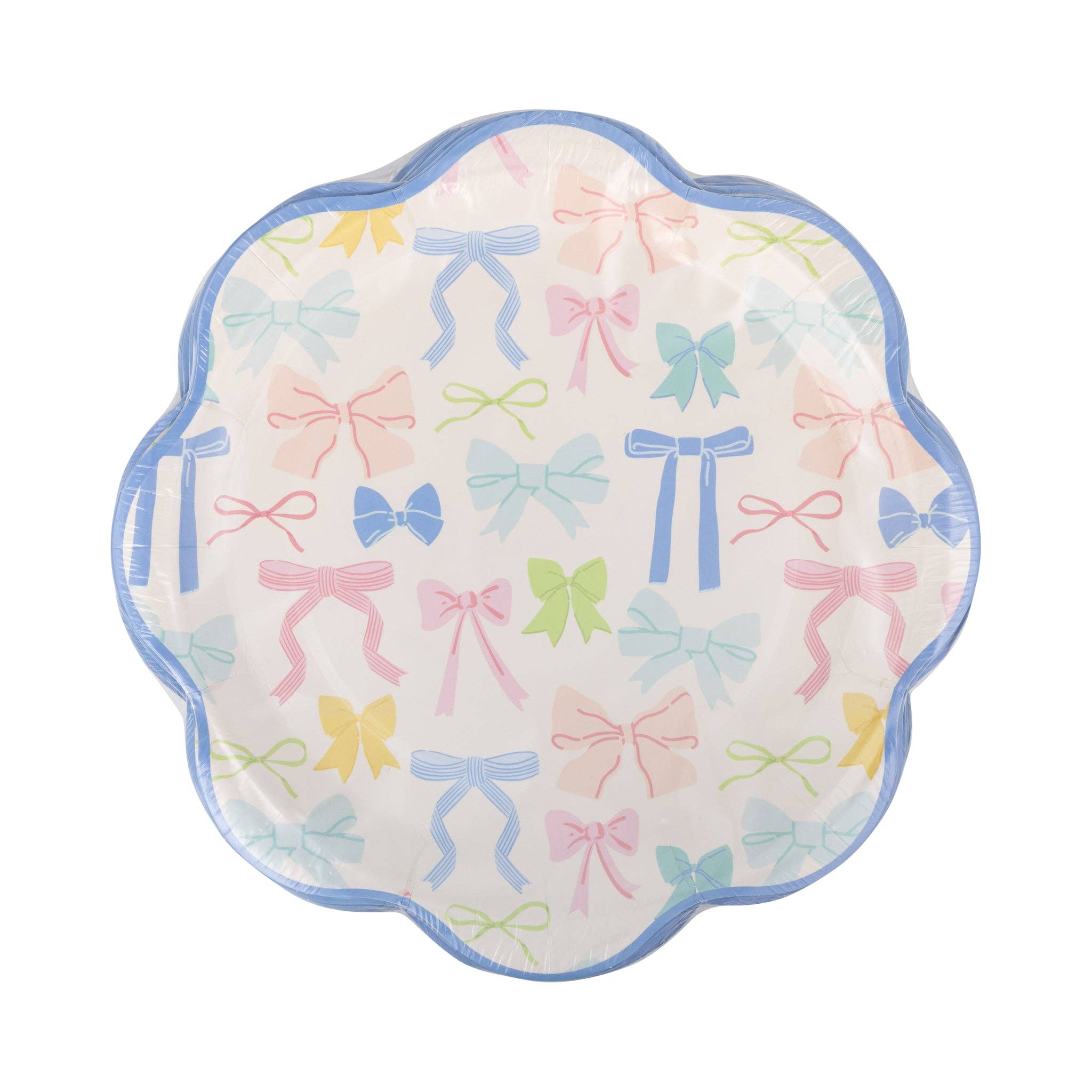 stack of bow patterned party plates in pastel colors.