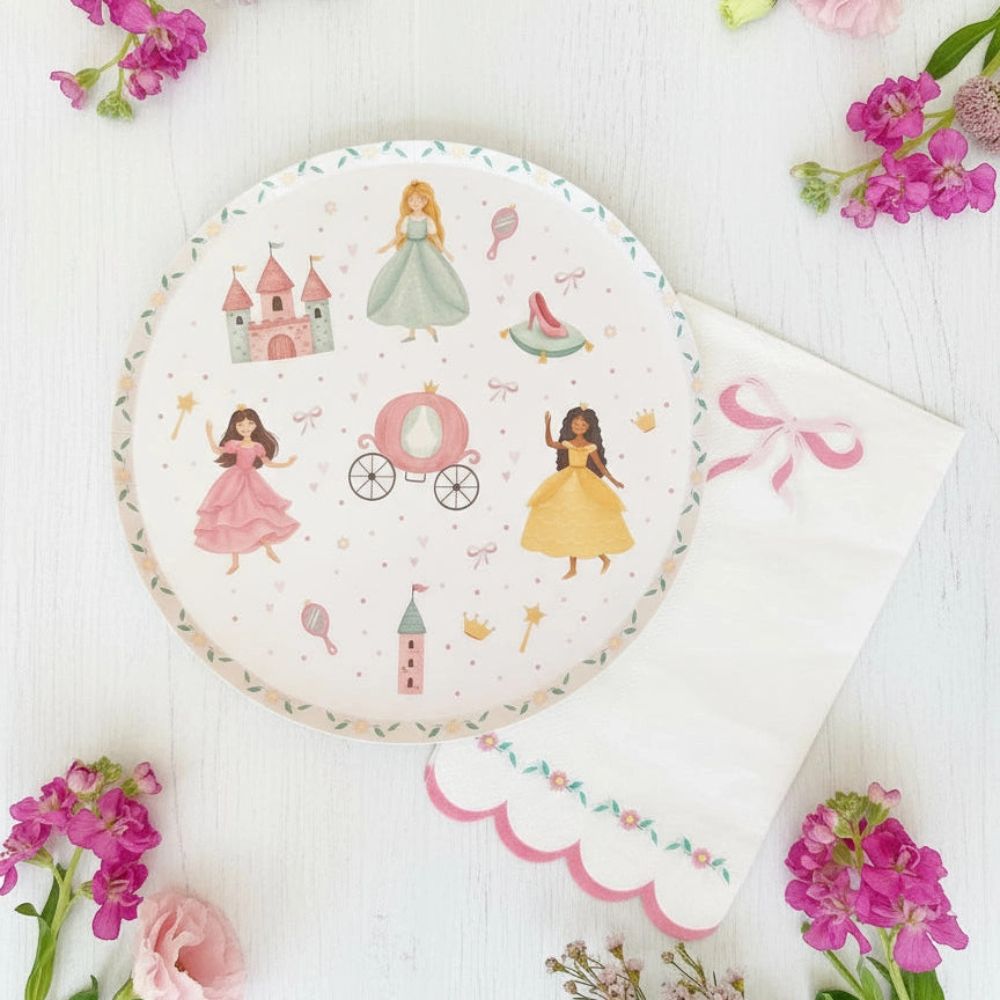 Pink bow napkin tucked under a watercolor princess party plate