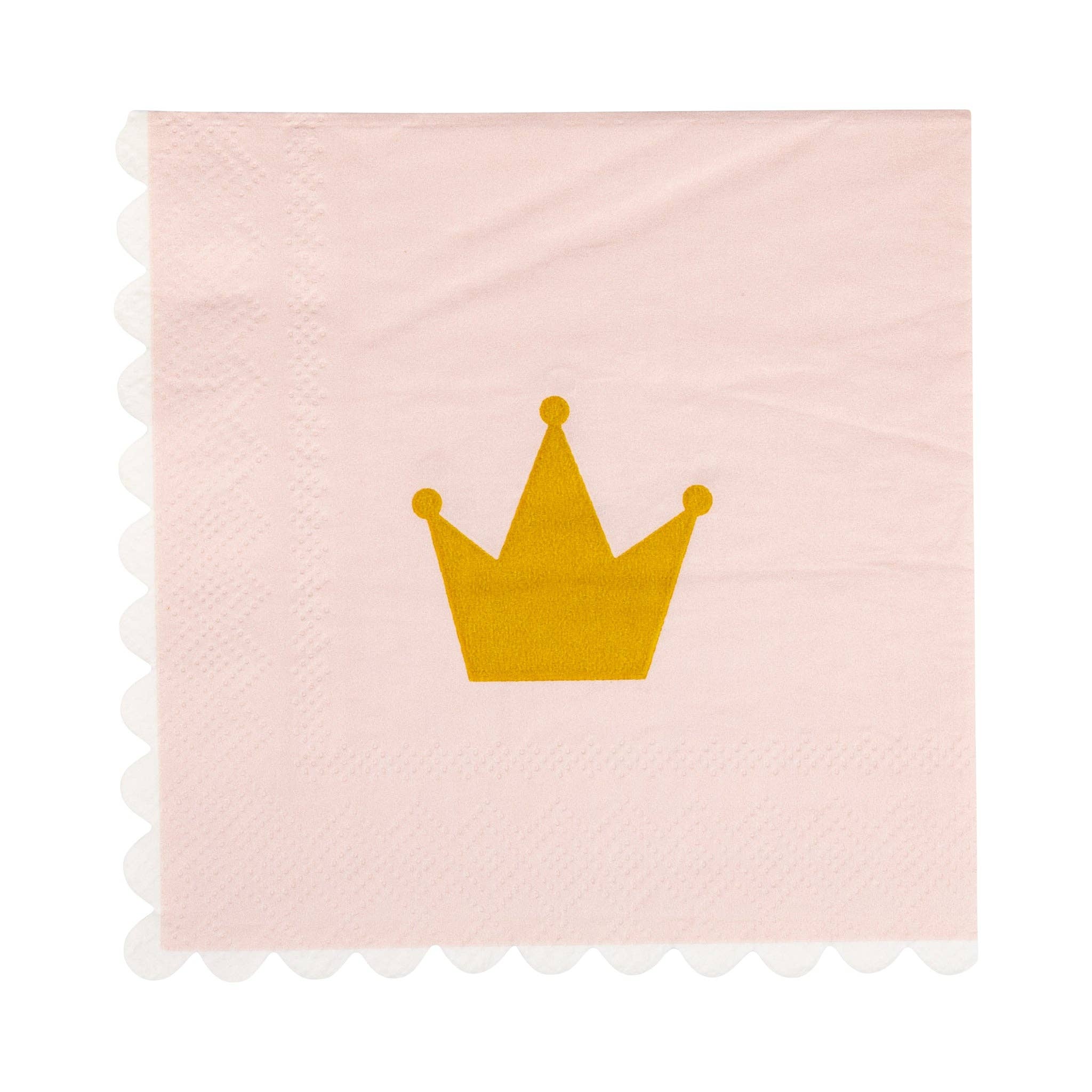Close-up of a gold foil crown icon on a pink Fairytale Table Accents napkin.