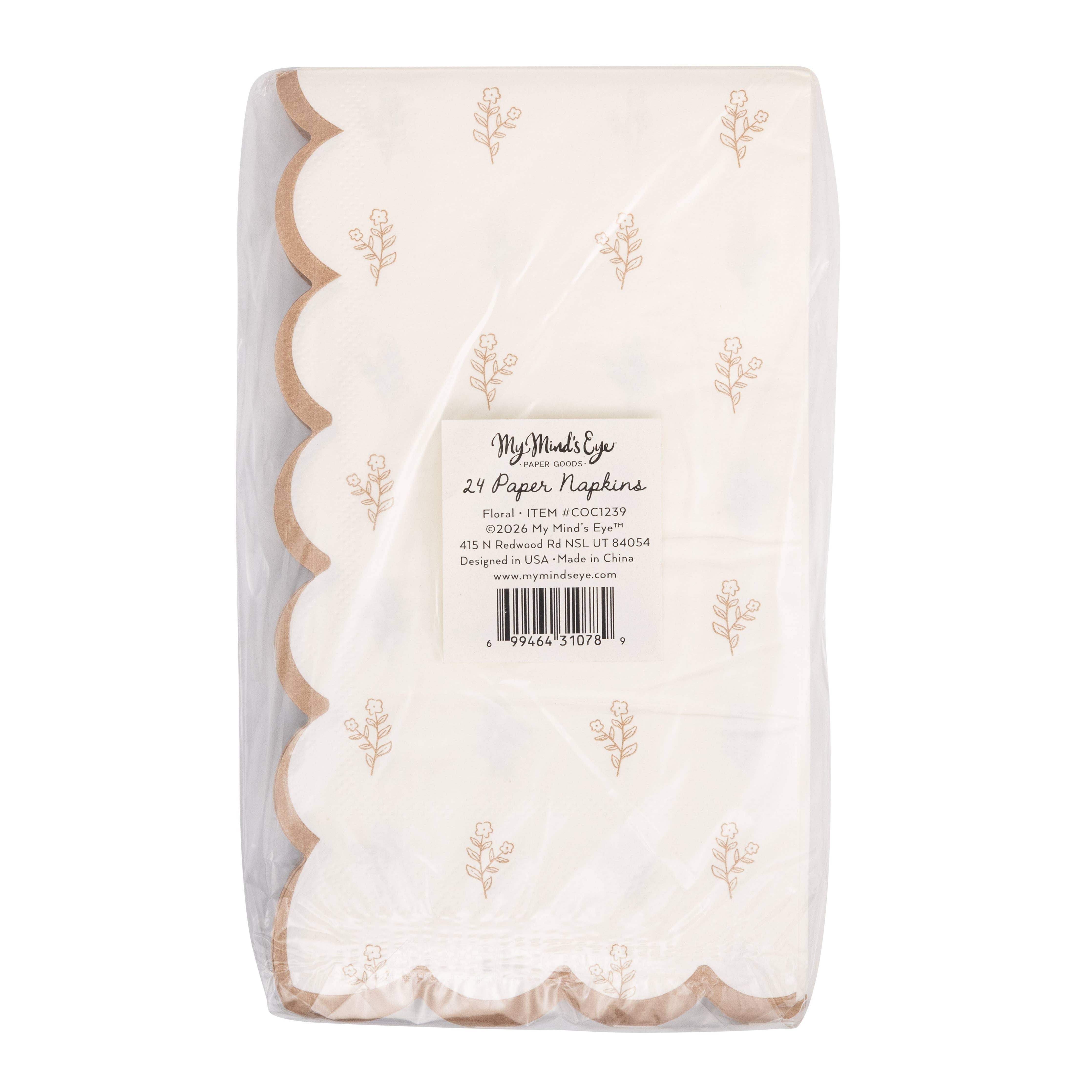 Back view of packaged floral paper napkins showing quantity and product details