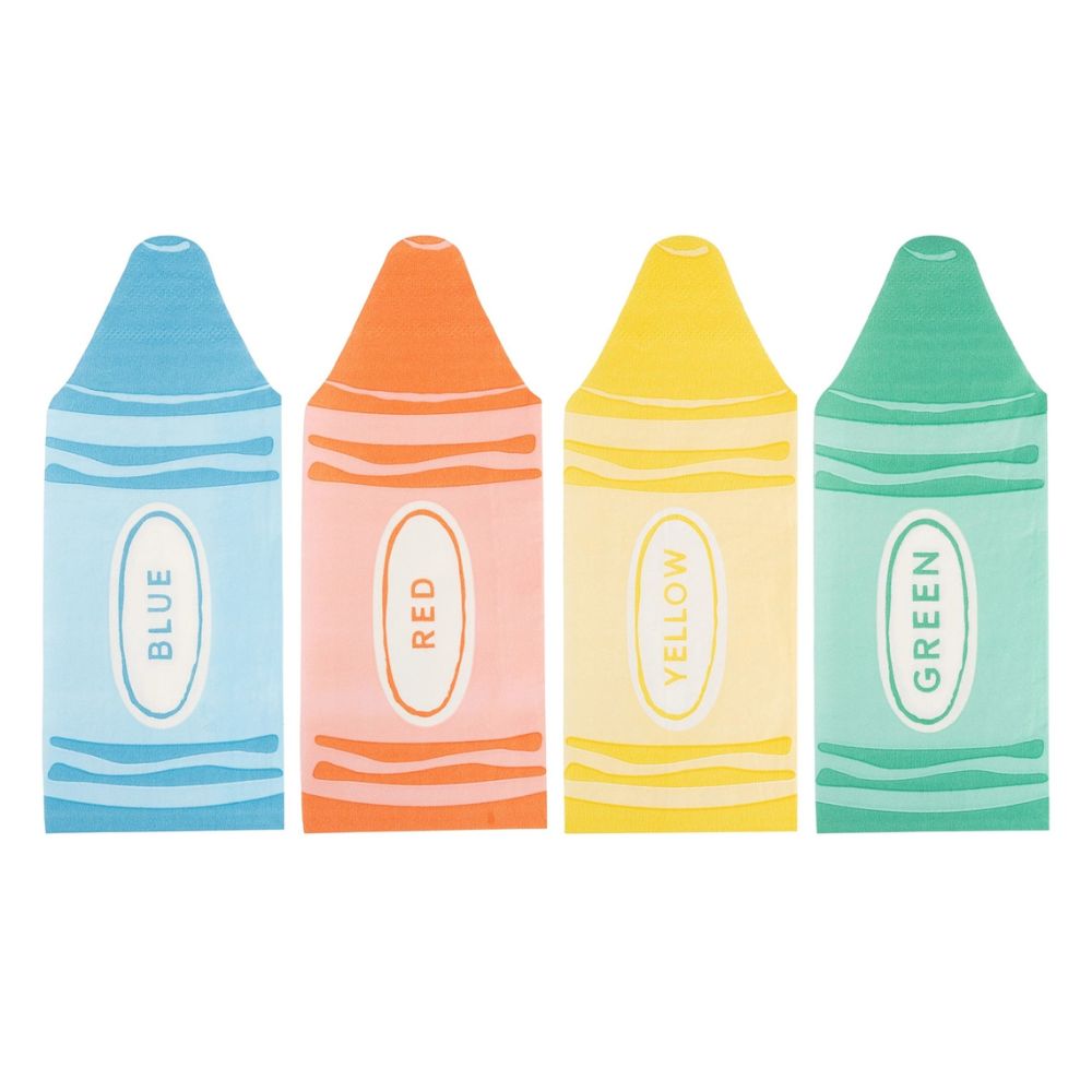 Crayon shaped dinner napkins in blue red yellow and green.