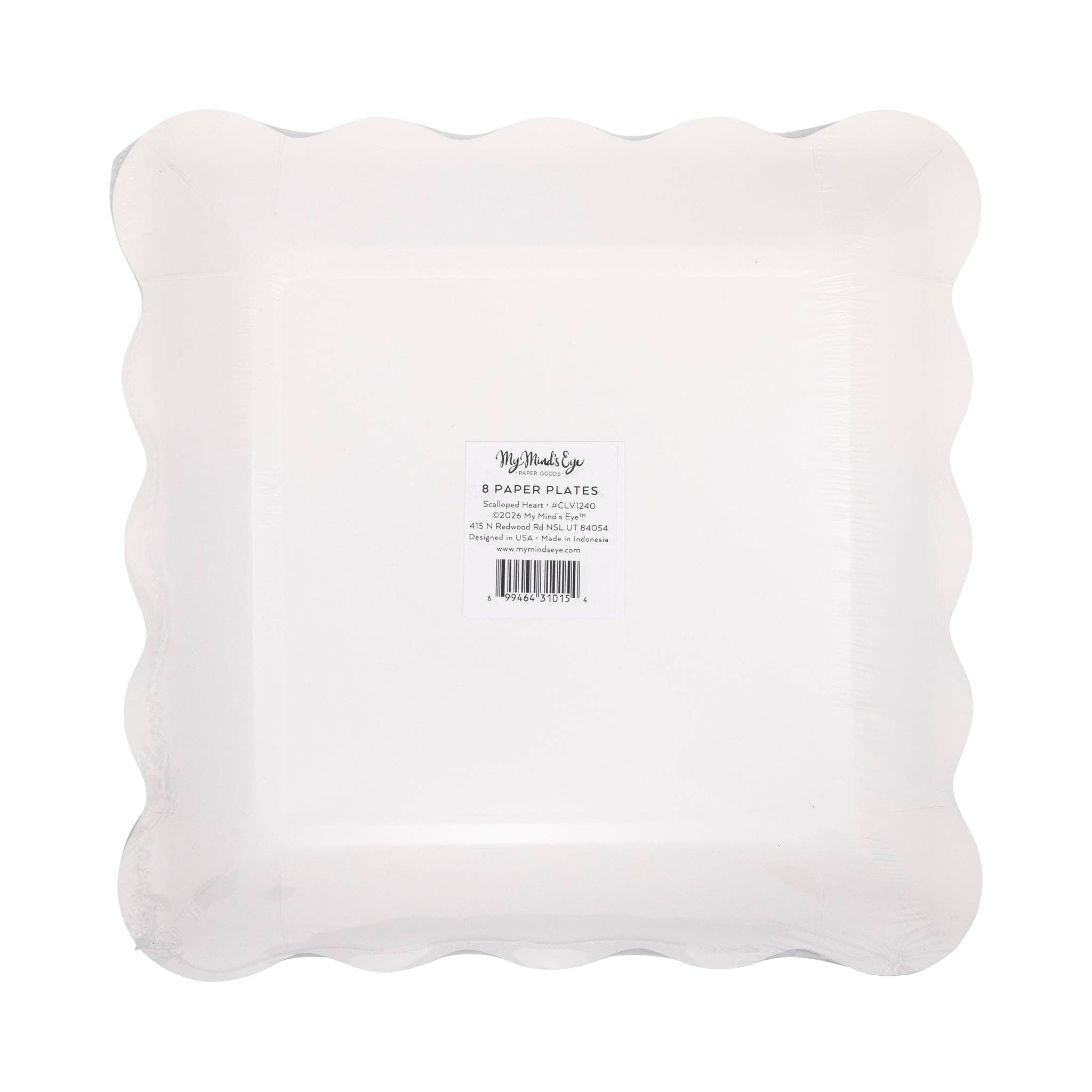 Back view of packaged scalloped square plates with label.