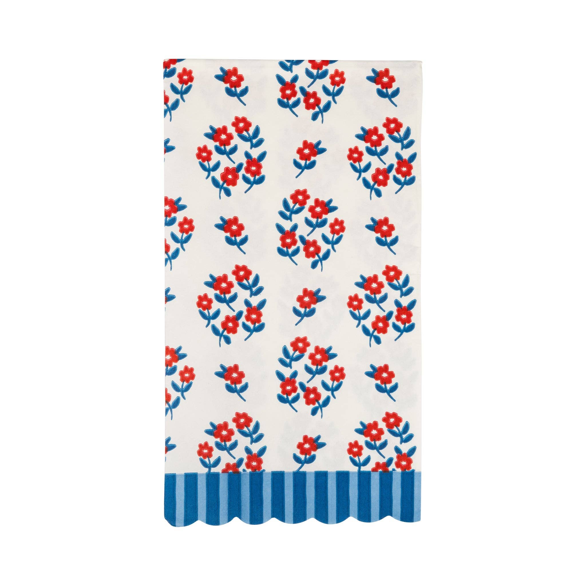Single cream floral paper dinner napkin flat lay showing red flowers with blue leaves and blue striped scalloped edge