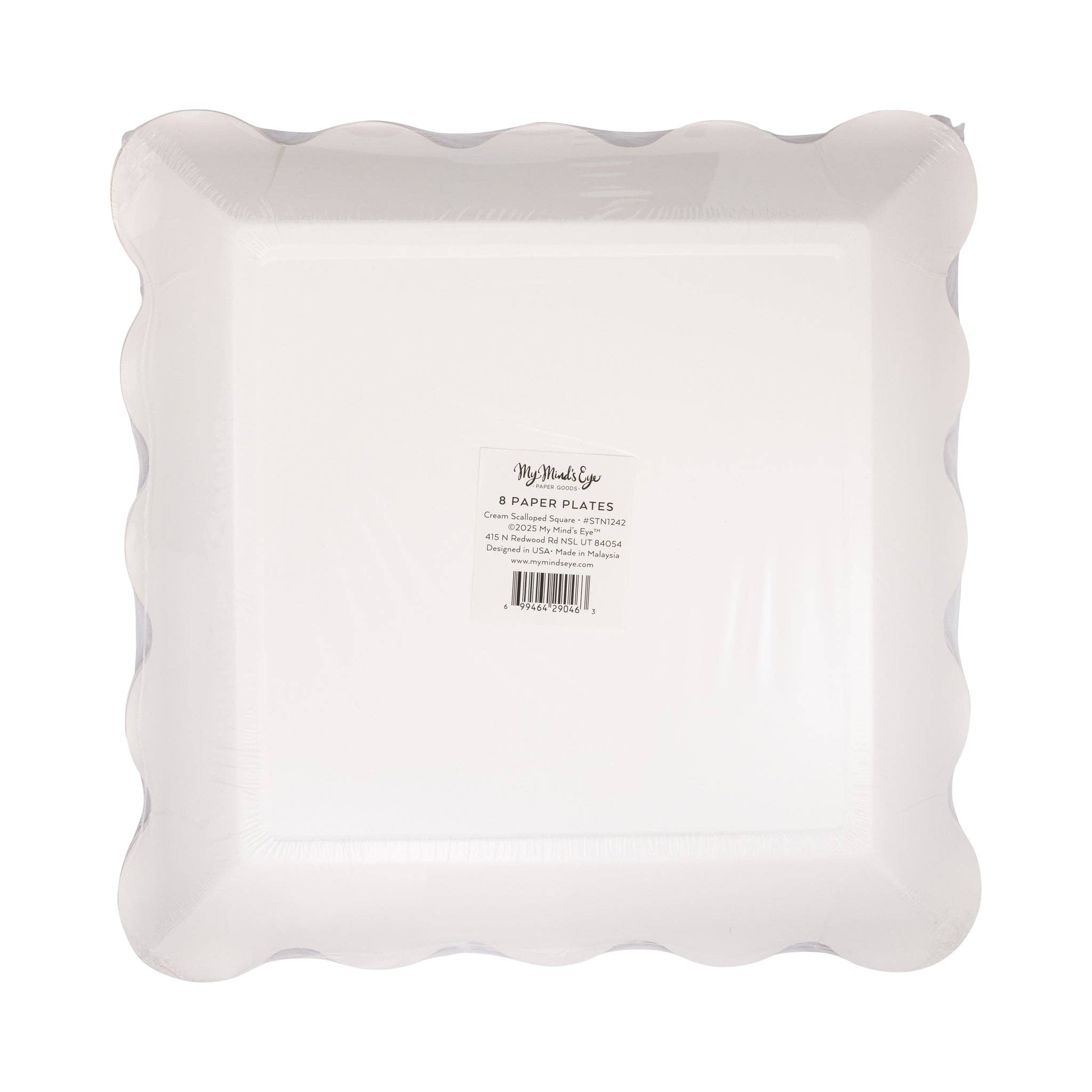 Back of cream scalloped plate pack showing barcode and 8-count label