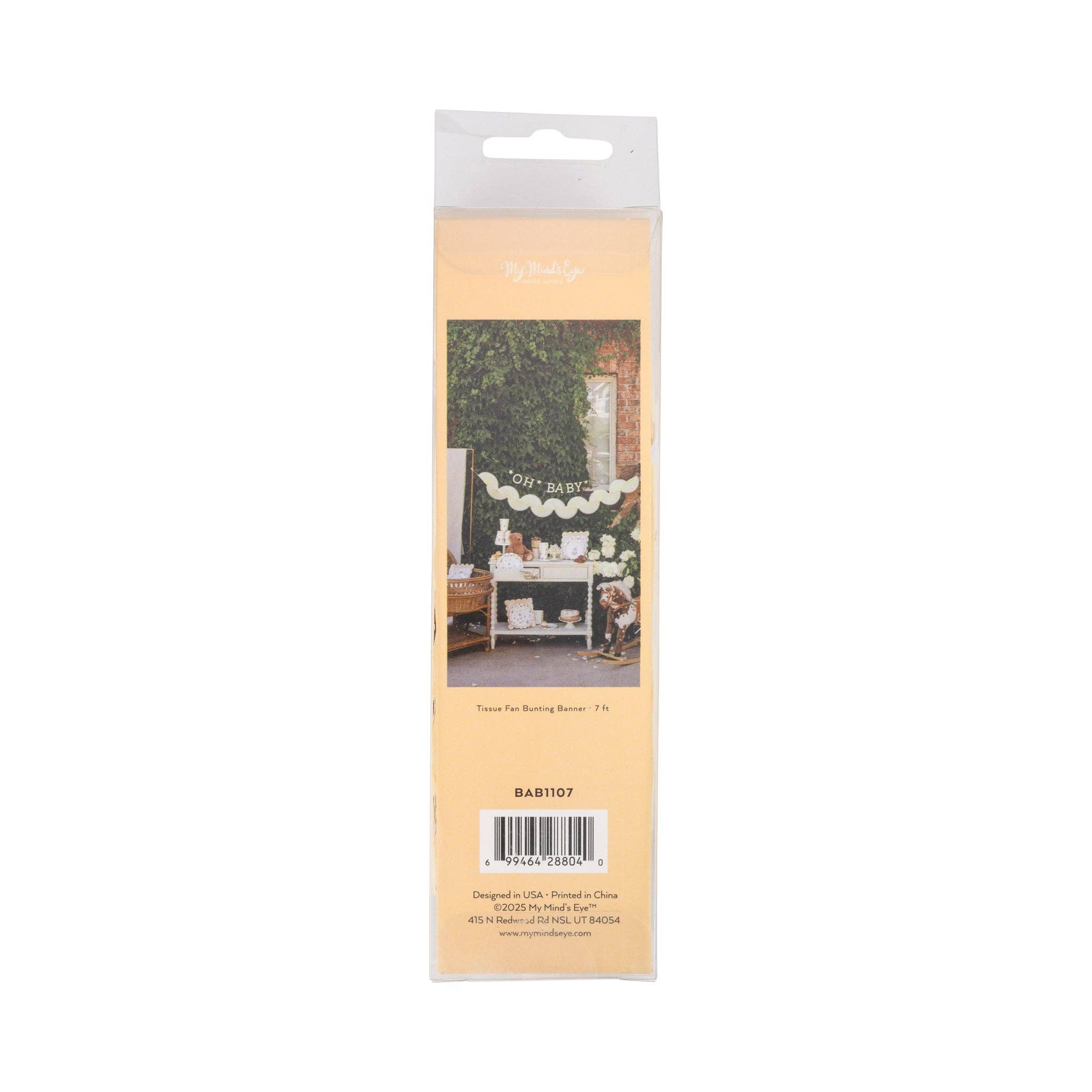 Back view of packaged cream tissue bunting banner with paper fans
