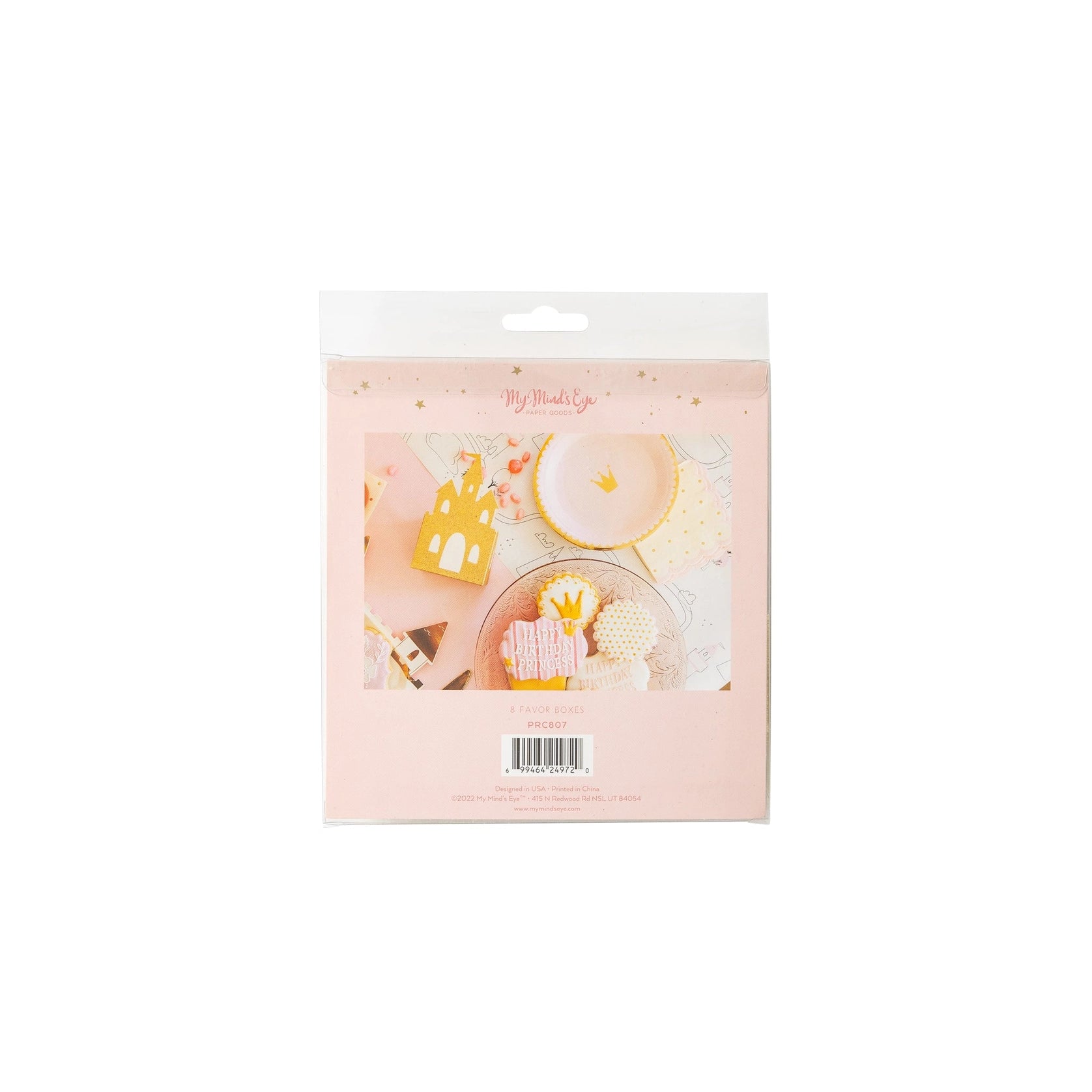 Back of retail package displaying styled table scene with castle favor box and barcode.