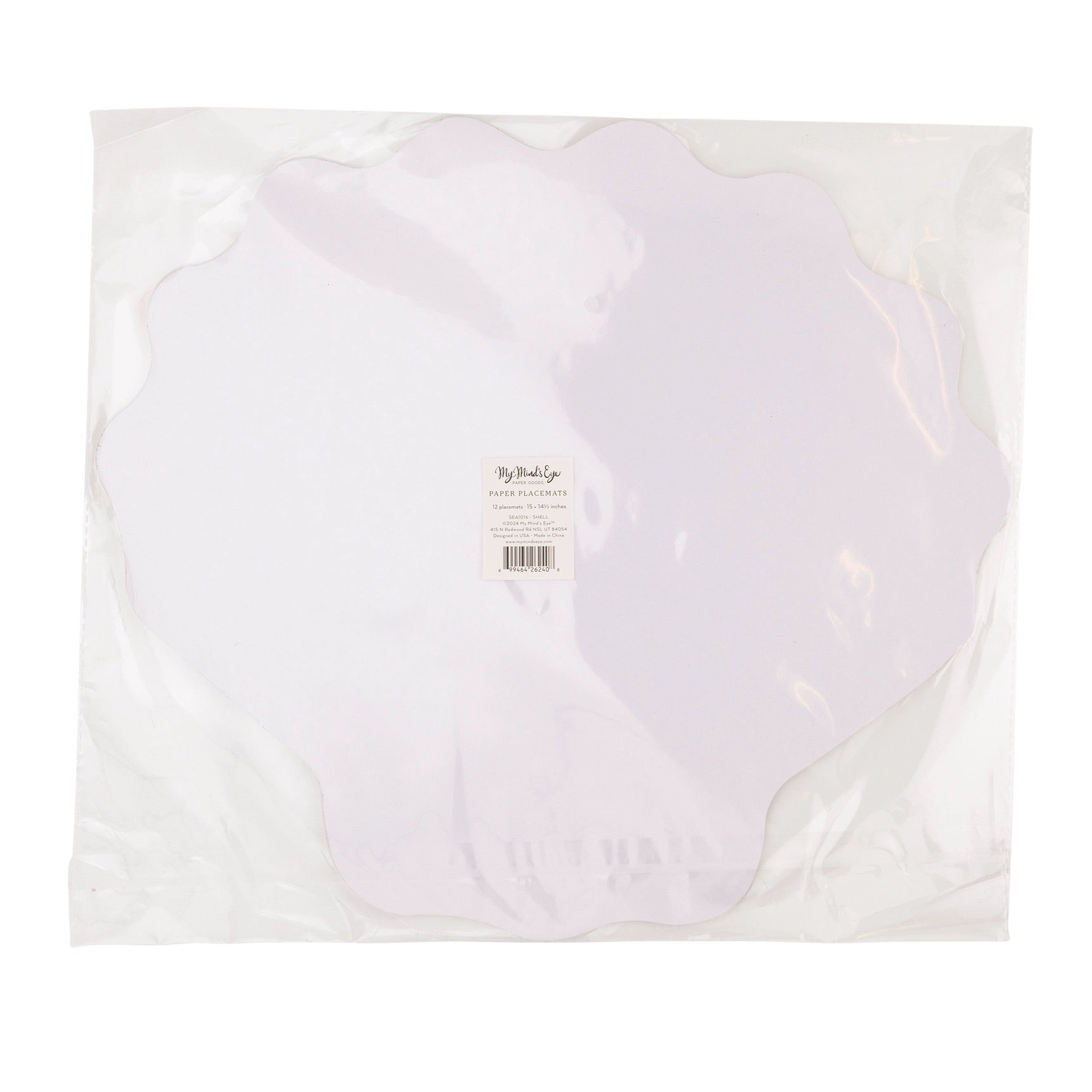 Packaged seashell-shaped paper placemats with elegant gold foil details, ideal for an under-the-sea party.