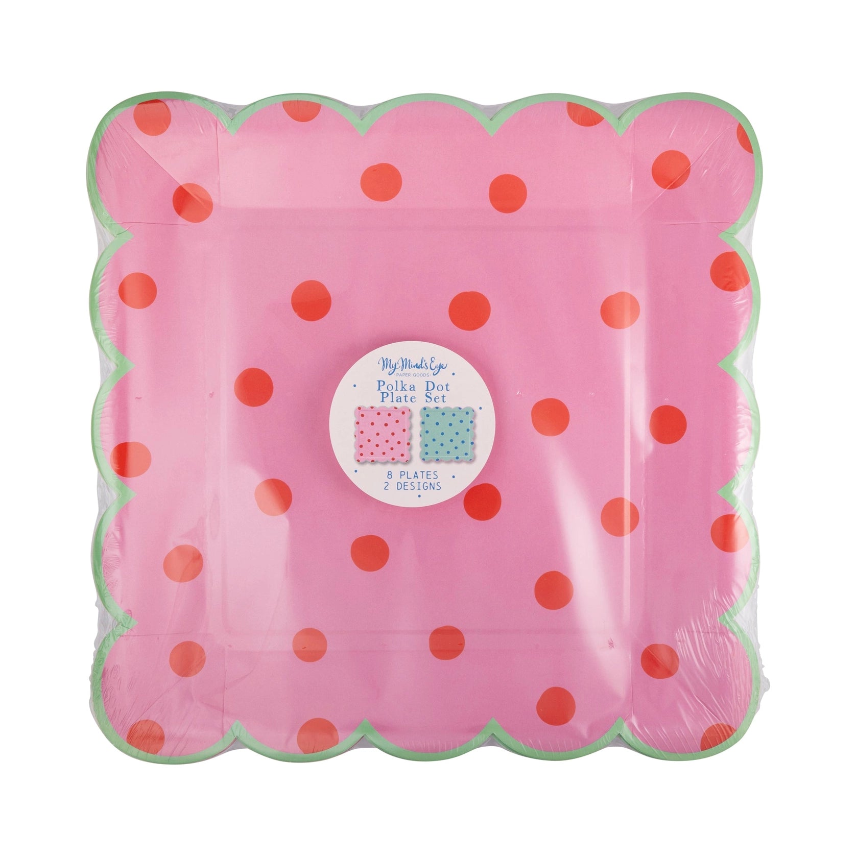 Retail pack showing pink square polka dot paper plate with scalloped mint border.