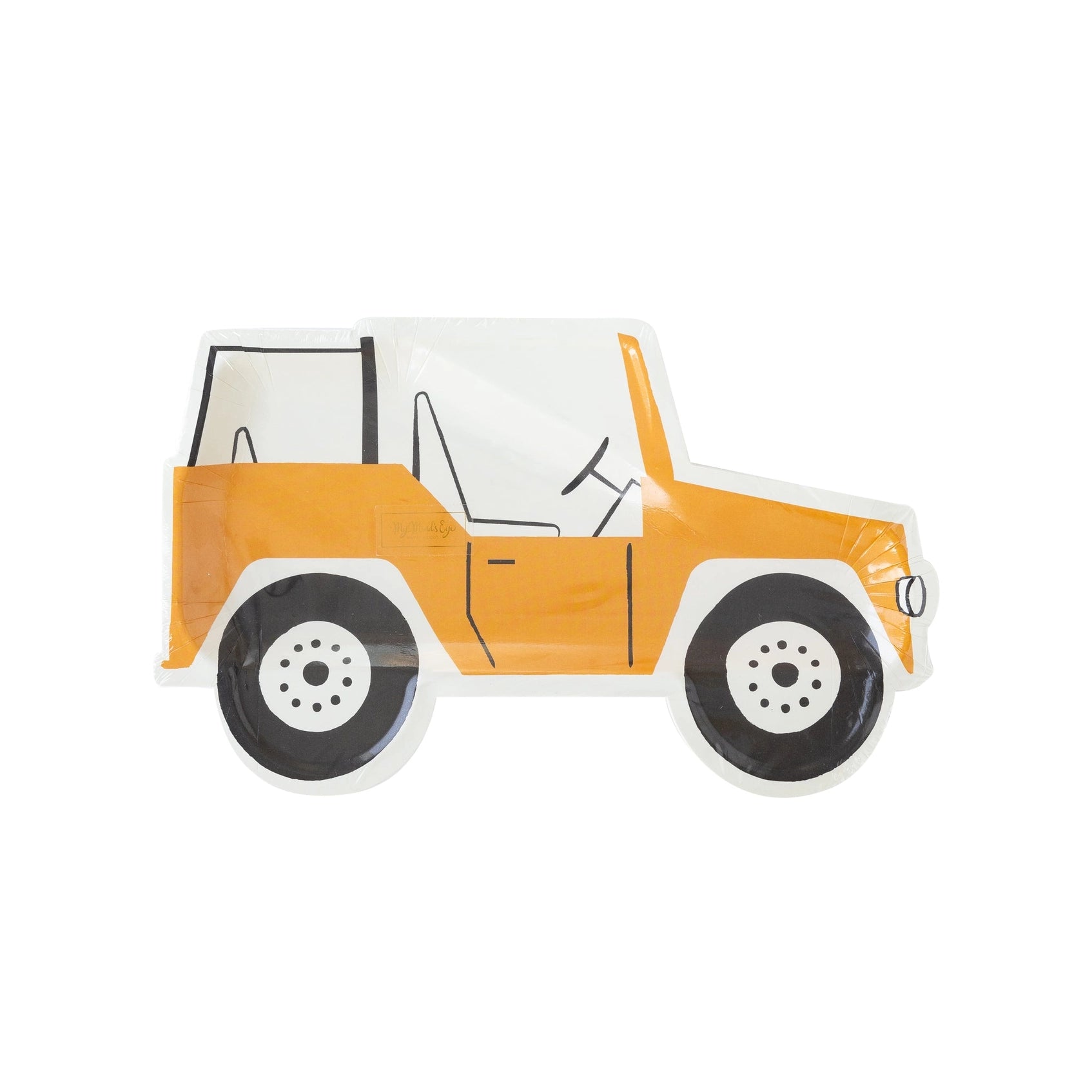 Yellow safari jeep-shaped paper plates, perfect for kids' birthday parties and safari-themed celebrations.