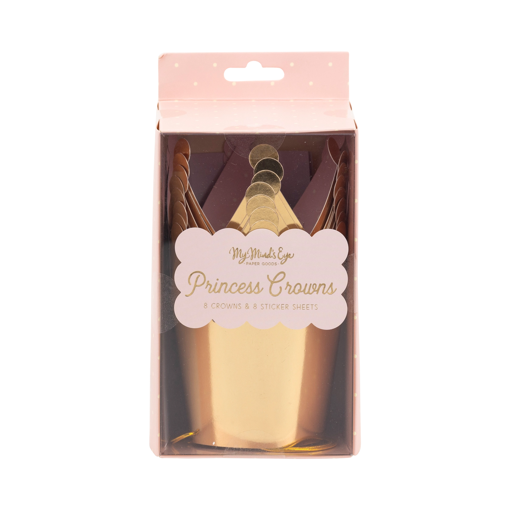 Front of boxed “Princess Crowns” kit displaying stacked gold tiaras through clear window.